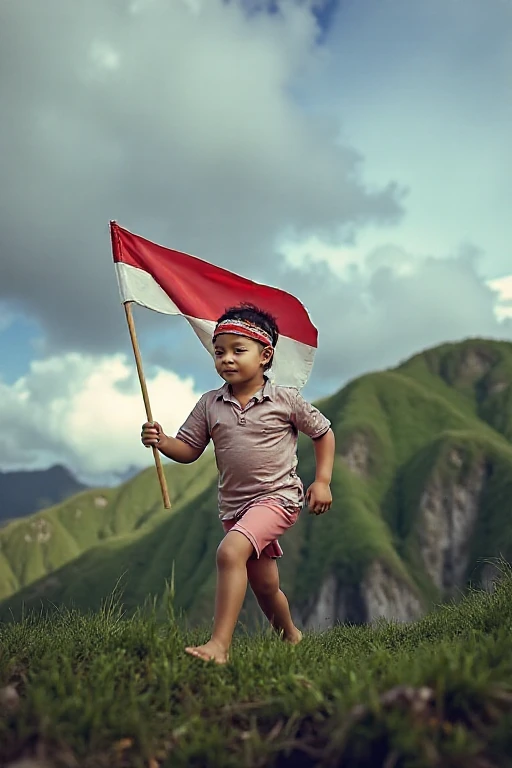 Banner celebrating Indonesian independence with an illustration of a small child wearing a white shirt, red trousers with a flag in a beautiful village with a blue sky