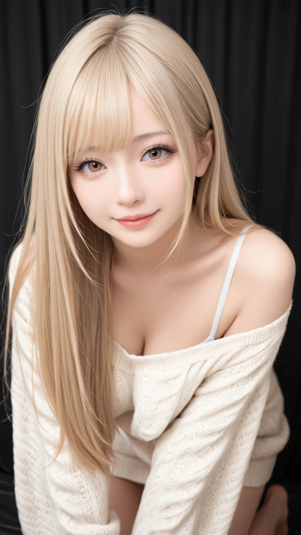 masterpiece,Highly detailed,realistic,depth of field,Highest Quality,sharp focus,calm lighting,1girl,long eyelashes,light color hair,Blonde,long straight hair,Japanese Gal,Gal,light brown eyes,Thick Lips,A little smile,Kneeling,off-shoulder knit dress,black background,nightclub