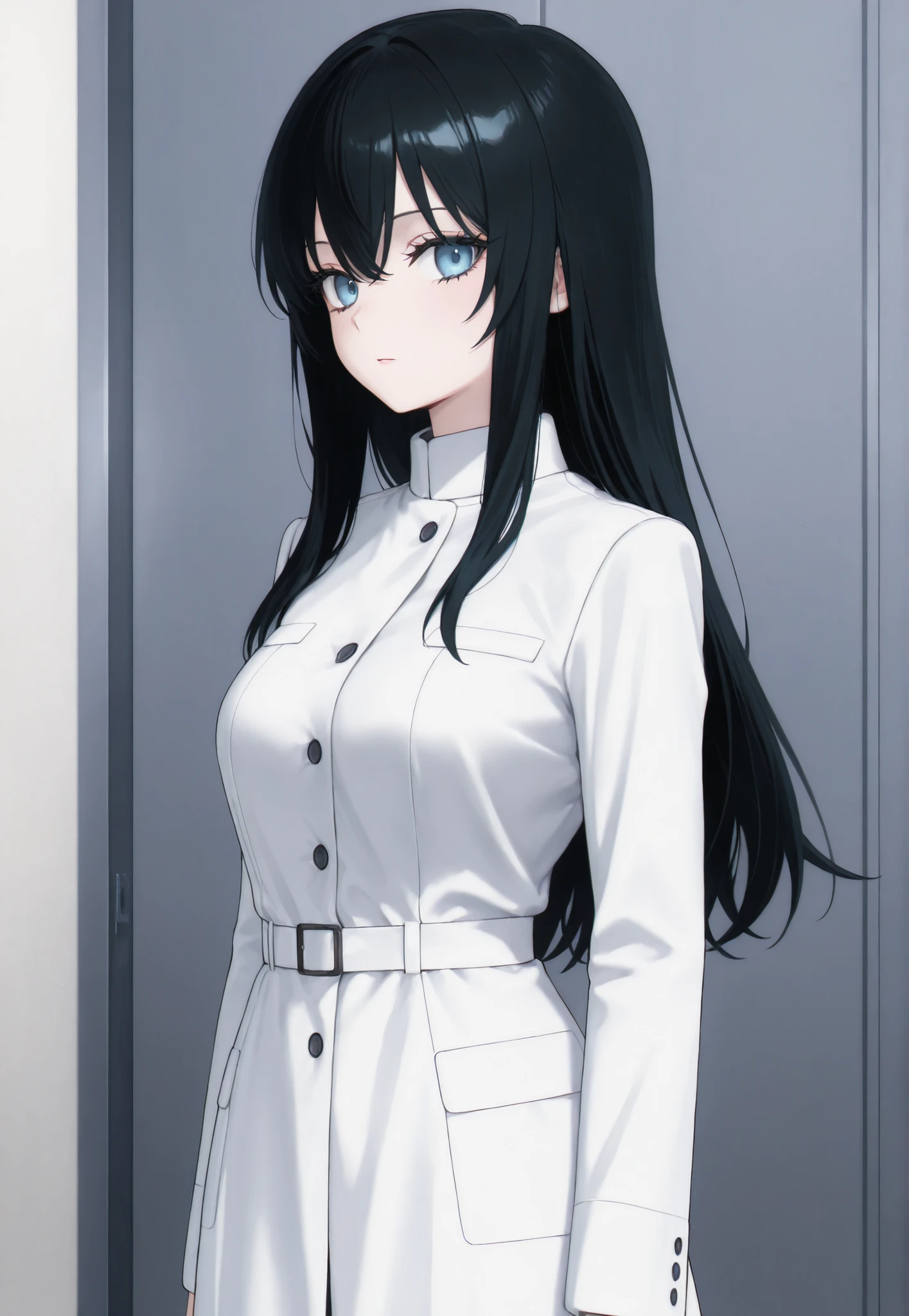 masterpiece, newest, best resolution, good quality, good lighting, safe. beautiful, adult, anime, good anatomy, . long hair, hair . pale blue eyes, dark eyelashes, piel clara, Slim build, Medium Breasts Size D. woman is 20 years old, measures 1'65 cm. Alone, looking at the viewer. Simple background. wearing clothes: Doctor's Suit, White Coat with Long Sleeves.