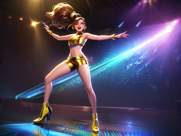 Generate an image of a blonde woman wearing flashy yellow clothes and holding maracas while dancing. Set her in a vibrant and energetic performance setting, such as a lively stage with colorful lights and cheering audience, or a festive event with music and dancing. Capture the charisma and excitement of her performance, showcasing her passion for entertaining and engaging with the crowd. Enhance the image with elements that symbolize entertainment and energy, creating a visually captivating and dynamic scene.