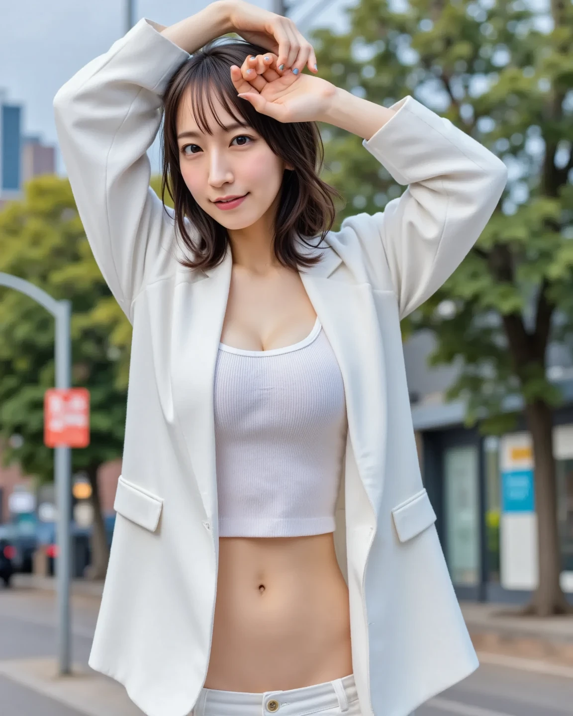 short_bathrobe, wearing sheer bathrobe, standing, (8k, RAW photo, best quality, masterpiece:1.2), (realistic, photo-realistic:1.4), (extremely detailed 8k wallpaper), Looking at viewer, (T_front highlegs panties), (no_bra), city, street, cute smile,