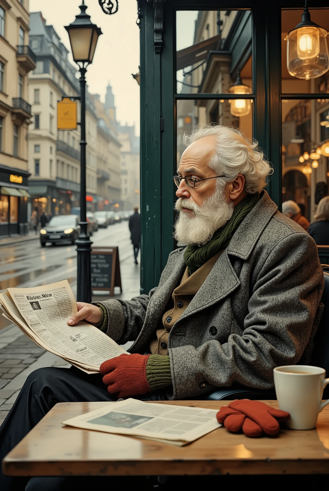 View from the sidewalk to the street through the window.A bald, fat man with a long white curly beard can be seen outside the window, sitting half-turned towards the window and reading a newspaper. A thoughtful look into the distance, through the glass.He is wearing a large grey speckled tweed coat with a high collar and wide cuffs. He wears a green knitted scarf around his neck.There is a cup of coffee on the table, and next to it are red mittens. A landscape is a blurred and reflected urban landscape that can be seen from a cafe window. The overall aesthetic is warm and autumnal, with timeless elegance. The colors are muted with an emphasis on browns, grays, and yellows. Soft lighting and low depth of field. Digital art, classic, vintage, high detail.