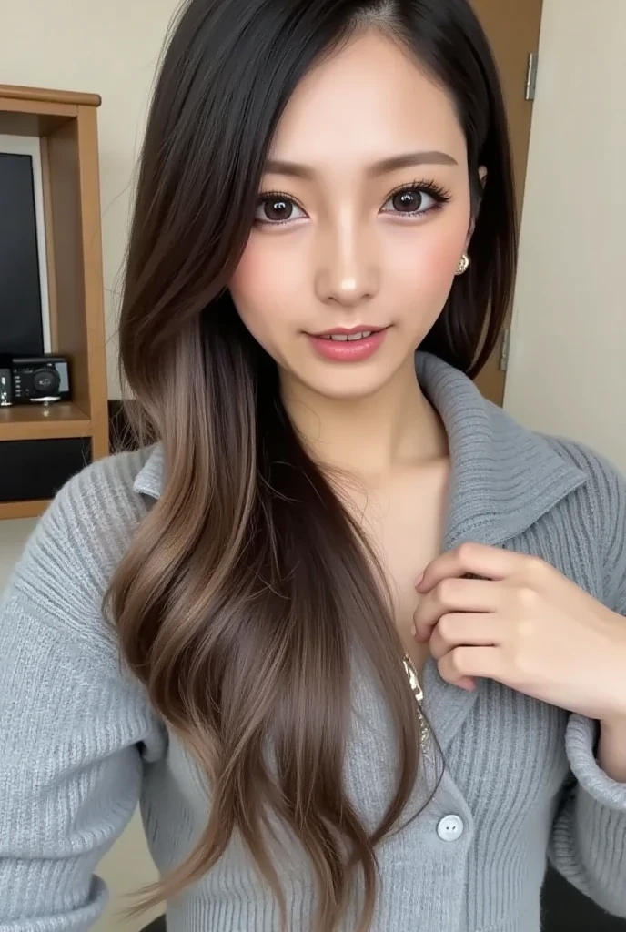 Selfie, Big , big ,(The ultra -The high-definition:1.5)(ultra-detailliert:1.3) (ultra-quality) (An ultra-high picture quality:1.5) (rialistic photo:1.3) A Japanese Lady　21years old　((detailed and beautiful faces:1.3)) ((realistic skin textures:1.3)) ((Precise, high-quality eyes:1.3)) ((The beauty of detailed and high quality ears, Very fair and  skin:1.3)) ((Beautifully groomed straight long hair:1.3))Complete body　beautiful proportion　(Thin sleeveless shirt in fabric)　The background is the inside of a cafe at dusk..　Beautiful, Luxurious and stylish interior　((Happy viewer's eyes)) Wet lips ajar　 Colossal 　unclear　kawaii