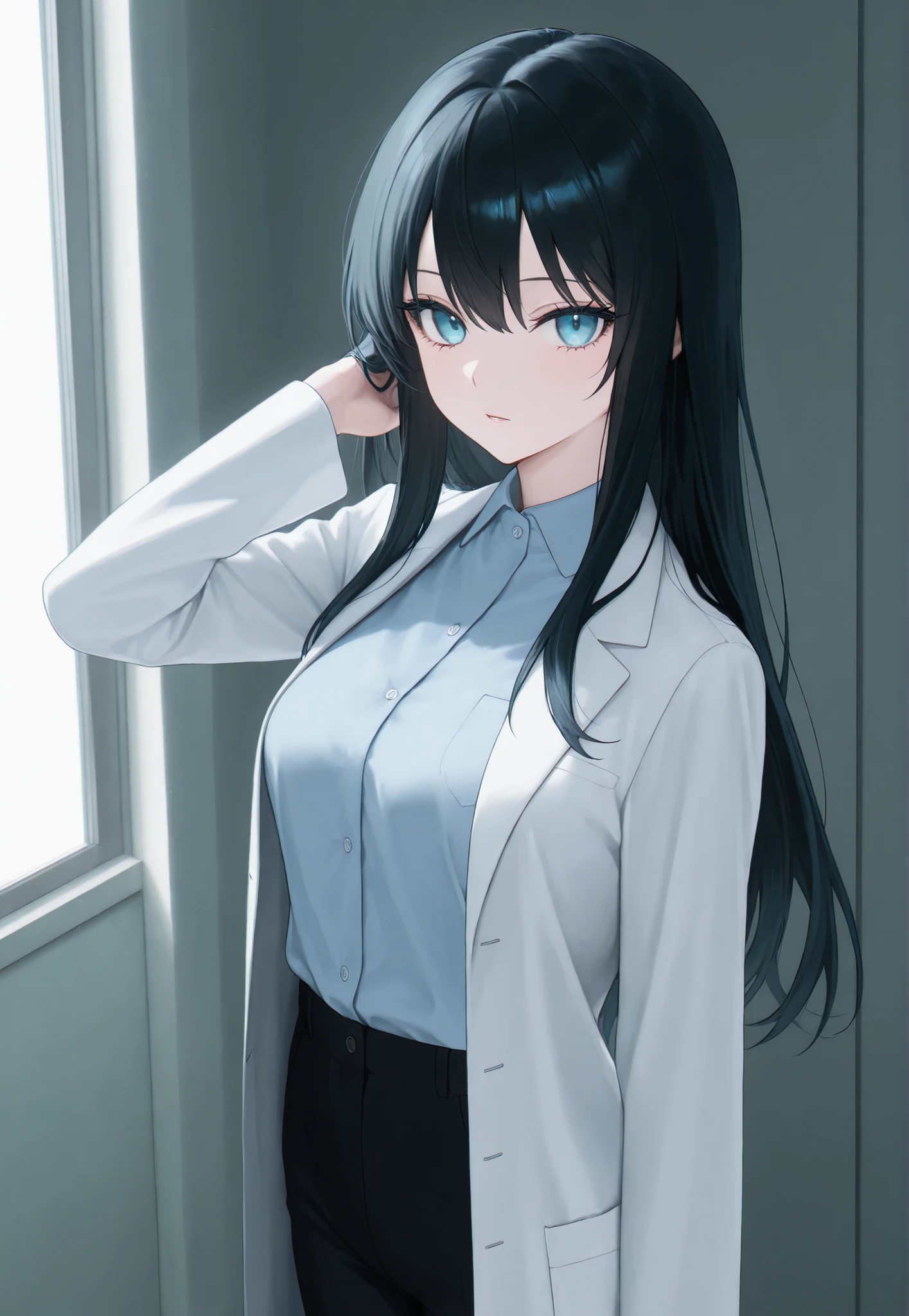 masterpiece, newest, best resolution, good quality, good lighting, safe. beautiful, adult, anime, good anatomy, . long hair, hair . pale blue eyes, dark eyelashes, piel clara, slim build, Medium Breasts Size D. she is 25 years old, measures 1'65 cm. Alone, looking at the viewer. Simple background. wearing clothes: Navy Blue Button Down Shirt, black pants, White Medical Coat with Long Sleeves.