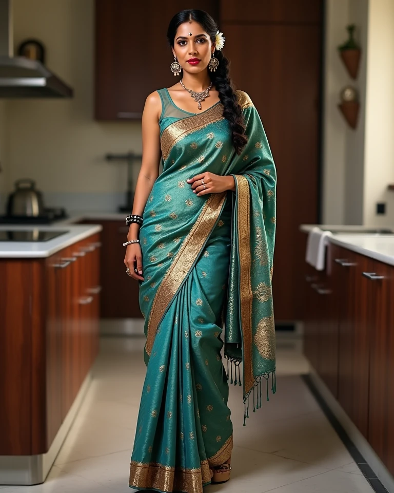 In this photograph, an Indian Instagram female model in her mid-20s takes center stage. She has curly hair, styled in a classic bun with jasmine flowers. Her highly detailed face exudes warmth with a smile. The background showcases a 5-star hotel’s moody private study, evoking a sense of luxury and sophistication. The photograph, captured by Lee Jeffries using a Nikon D850 with a film stock of 4 Kodak Portra 400 and a camera f1.6 lens, displays rich colors, hyper-realistic and lifelike texture, dramatic lighting, and realistic detail.

The model wears an elegant and sophisticated traditional violet saree. The saree features a vibrant and intricate design with rich colors and detailed patterns, draped gracefully around her. Her blouse is short-sleeved with intricate embroidery and beadwork, complementing the saree’s luxurious fabric. She adorns herself with traditional jewelry, including bangles, earrings, and a necklace.

The photograph is meticulously captured in 8K resolution using cutting-edge techniques such as Cinema 4D and Octane Render, resulting in a highly detailed and photorealistic image. Studio lighting, HDR, and a smoky mist create a captivating ambiance, while the bokeh effect adds an artistic touch.