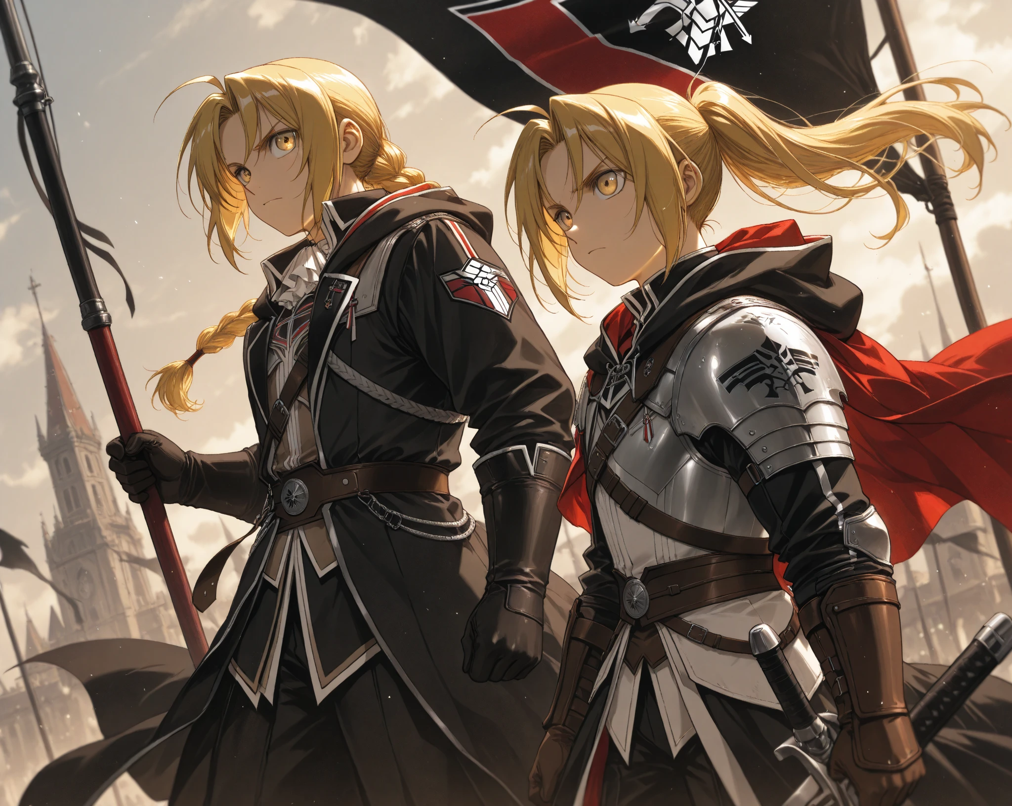 (masterpiece, best quality:1.2), solo, 1girl, cha hae-in, expressionless, looking at viewer, blonde short hair,  dark blue eyes, red armor, black collar, shoulder armor, long sleeves, gloves, gauntlets, pelvic curtain