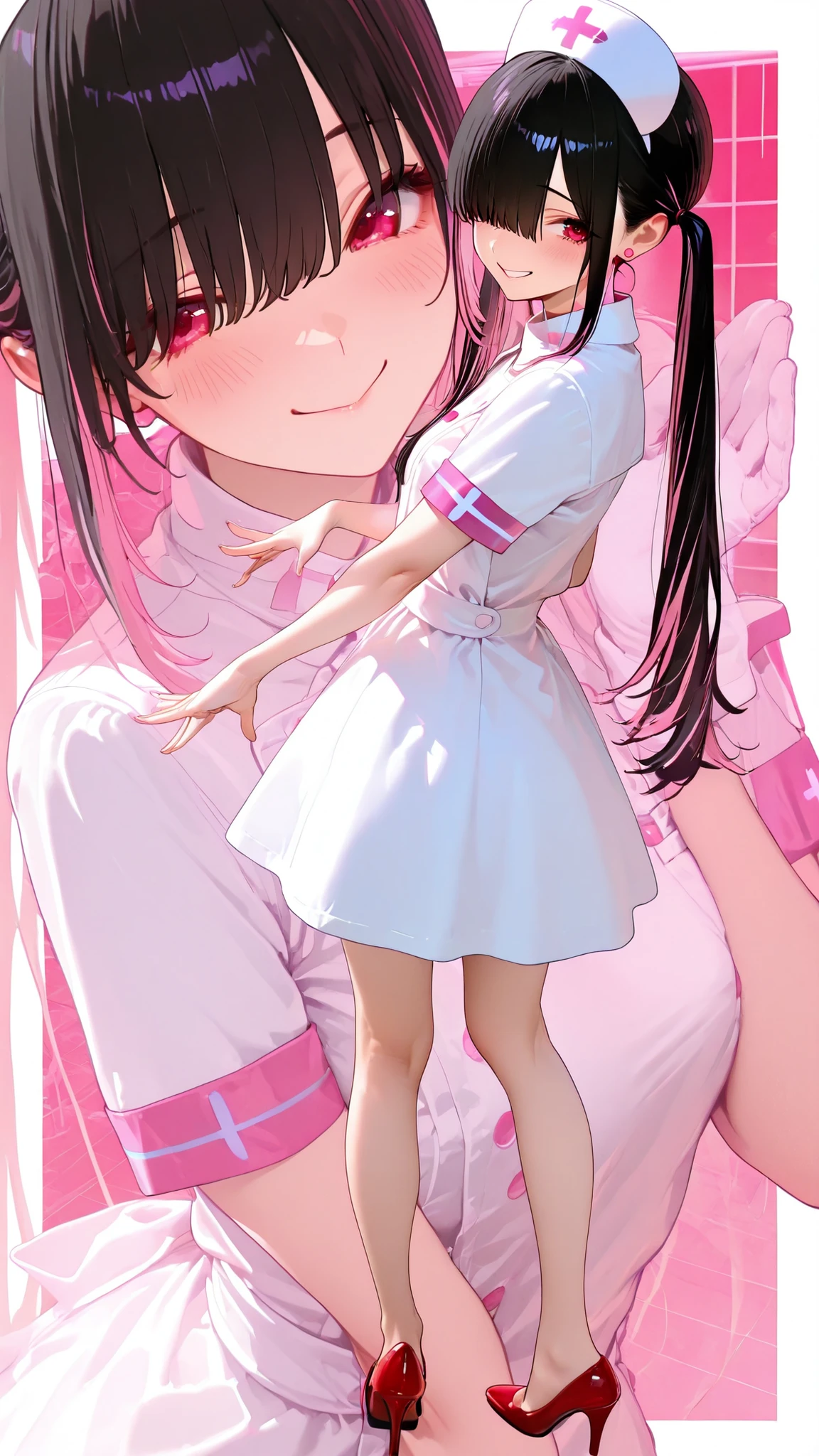 2 angles, zoom layer,upper body, full body, [from side], facing back,perfect eyes,Jewelry eyes,(perfect hands), A cheerful anime-style,Theme: black hair with thin pink highlights, long twintails,hair over eye, cute Japanese teen age, smile face. Costume: White nurse uniform, red heels, Pose: facing forward,