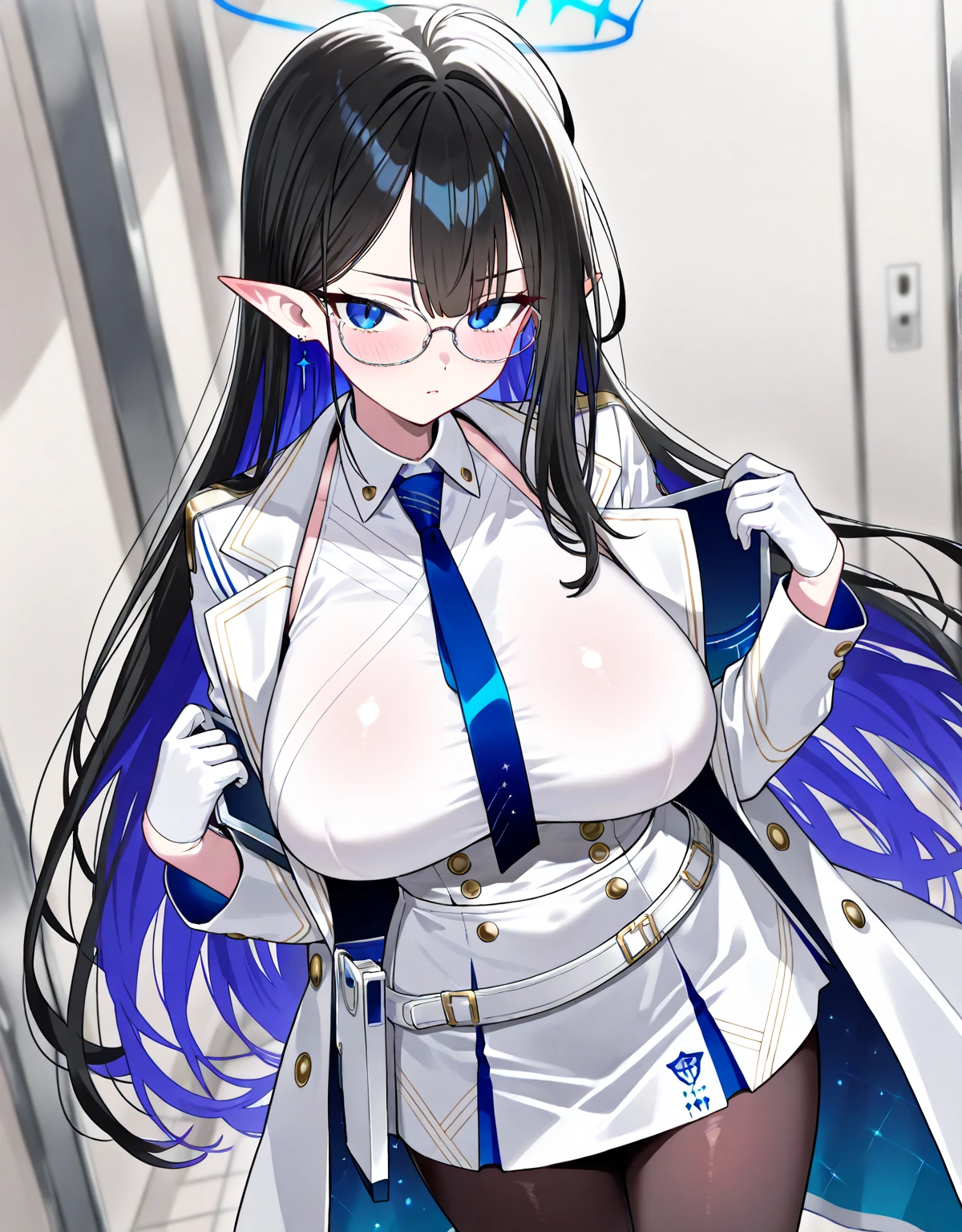 1girl,anger vein,belt,black hair,blue eyes,blue necktie,breasts,clipboard,dress,earrings,glasses,gloves,halo,jacket,jewelry,large breasts,looking down,necktie,open clothes,open jacket,pantyhose,pointy ears,solo,white belt,white dress,white gloves,white jacket