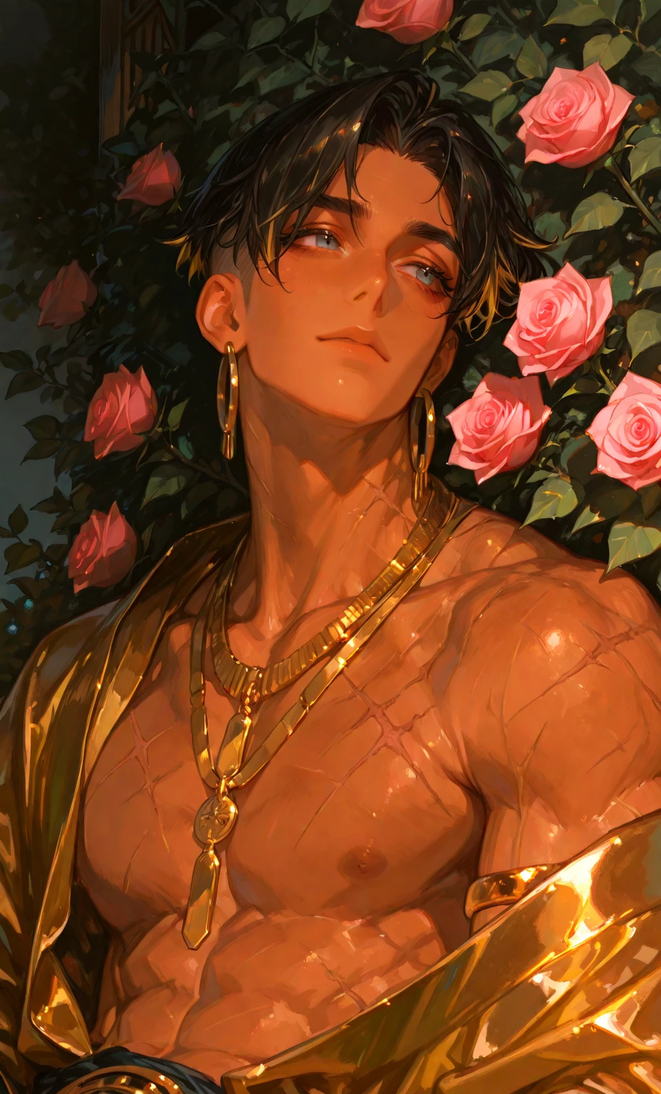 1male people,a beautiful young man Cypress 18 years old((Thin))，((being thin))，Muscular,((rosette)),(grape trees),cage,strappy,Red rope,(Detail light),Falling rose petals,hindquarters, back muscles，Red sheer tulle，Cool white skin，White-colored skin，Full nudity on the back，Lateral face ((((surrounded by giant black Negro writhing wet penises, phalluses, dicks)))