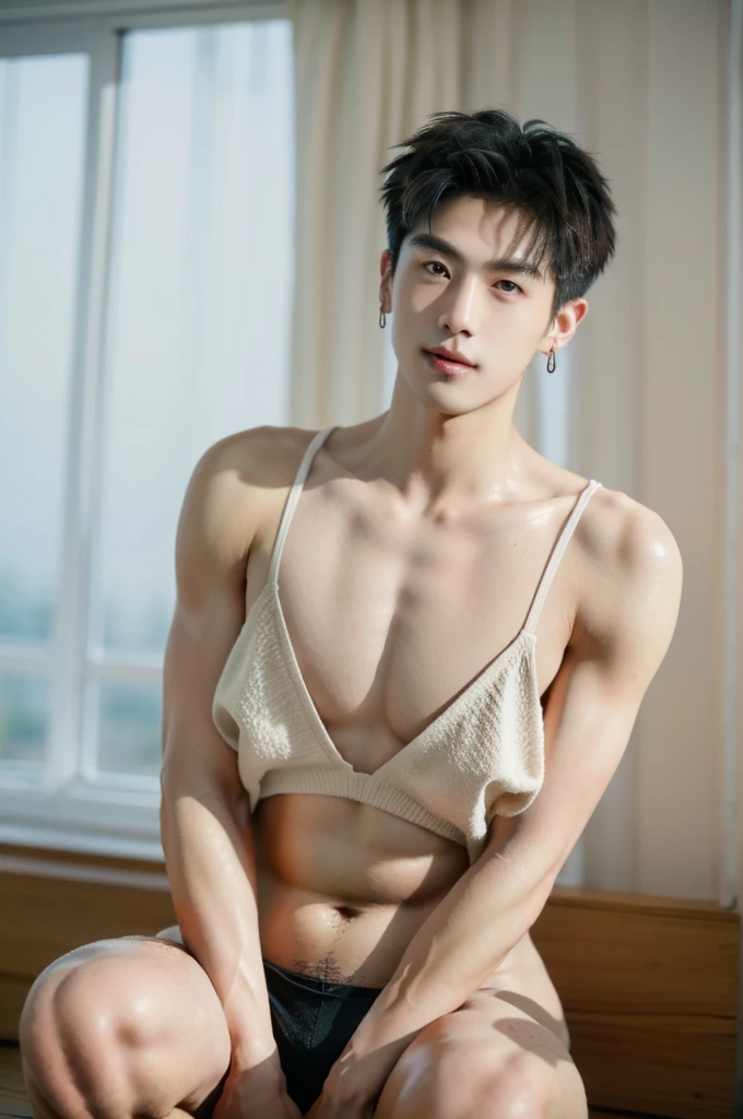 1 menino de seios pequenos, jovem, corpo escultural, sexy, Parque Jimin BTS, lingerie, fundo quarto vermelho,  de fora, urgency