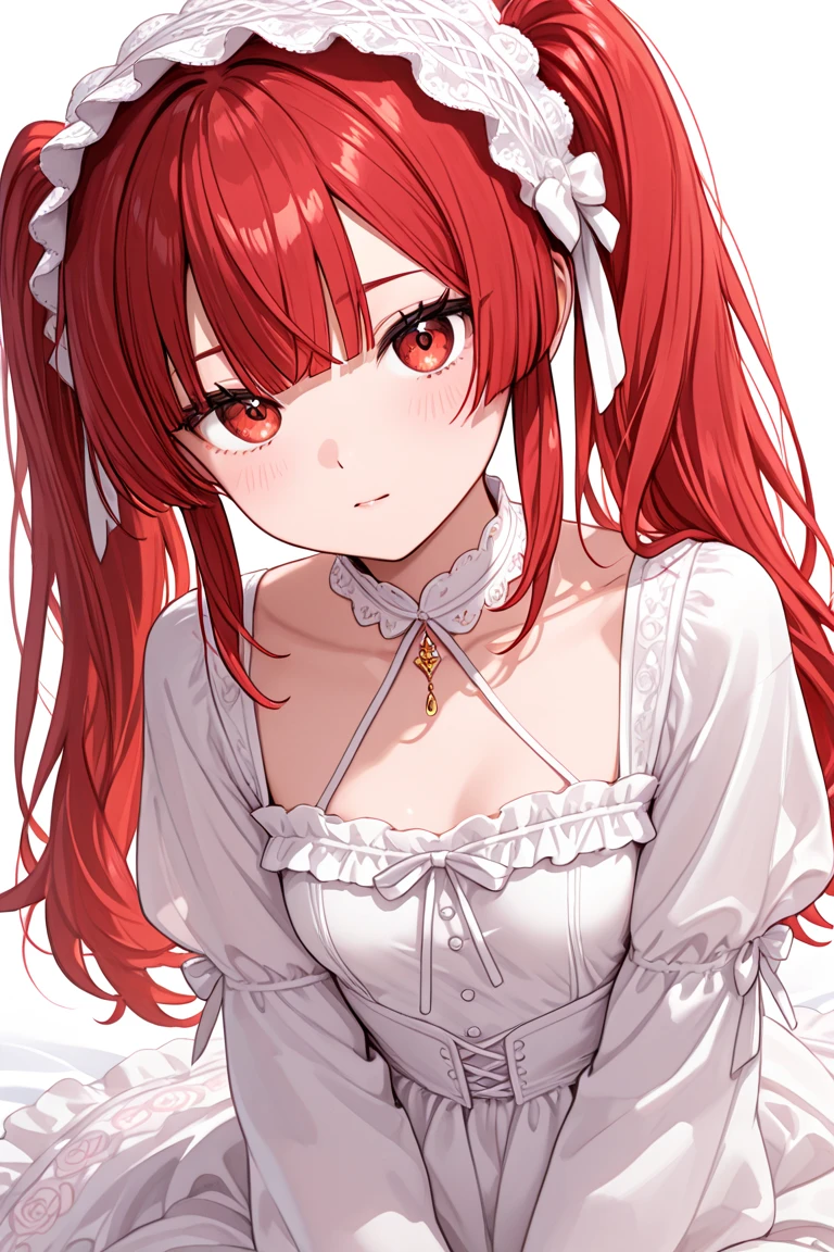 (masterpiece, best quality), 1girl, red hair, medium chest, gothic frill dress, pervert face,