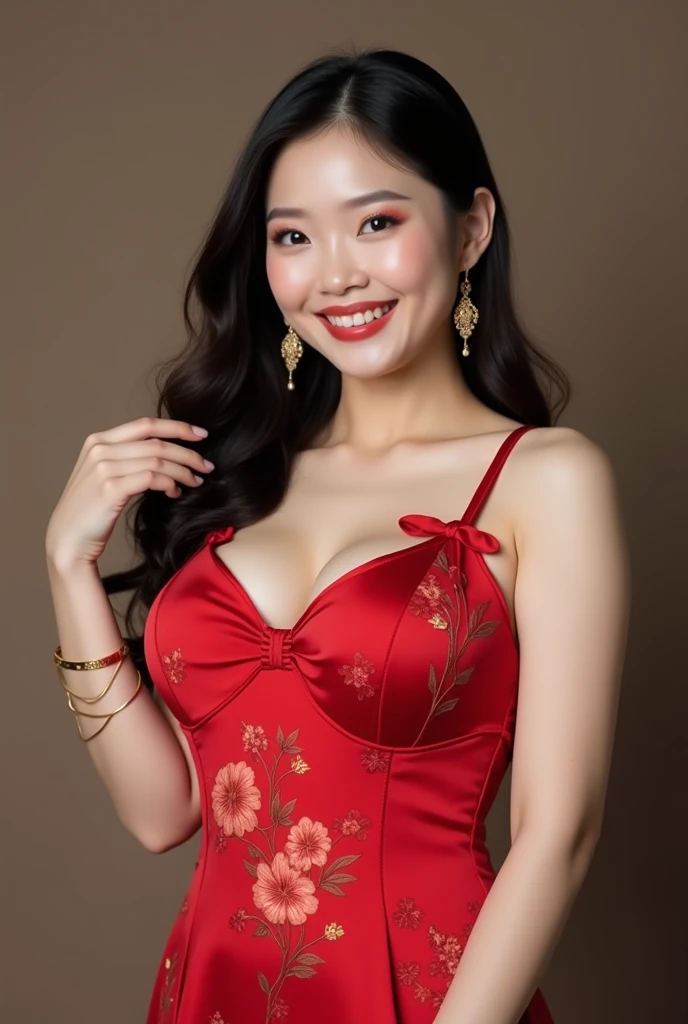 instagram photo, closeup face photo of 23 y.o Chloe in kebaya, Red Lipstick, sensual Lipstick, Sensational Make Up, cleavage, pale skin, (smile:0.4), hard shadows, anime outfit