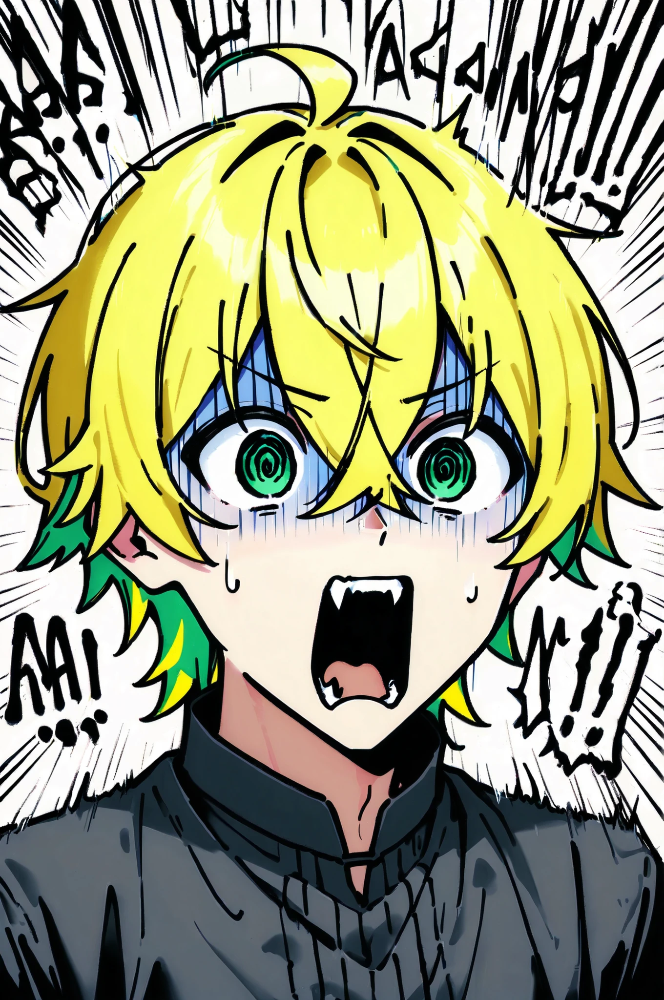 ((solo)), ((one boy)), short hair, blonde hair, green inner hair, green eyes, hollow eyes, (@_@), black shirt, collard shirt, ahoge, ((hairs between eyes, crossed bangs:1.3)), sharp tooth, white background, open mouth, ((surprised)), ((screaming)), ((panicking:1.3)), ((scared)), upper body , ((V-shaped eyebrows)), turn pale