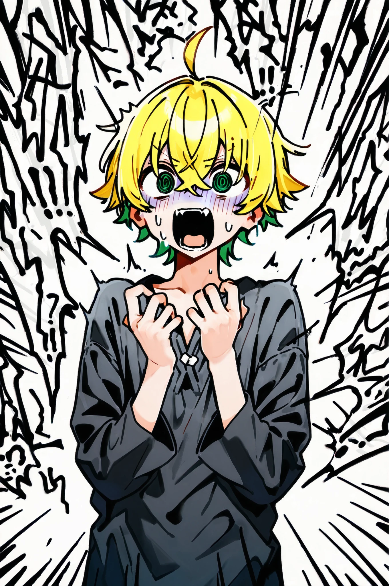 ((solo)), ((one boy)), short hair, blonde hair, green inner hair, green eyes, hollow eyes, (@_@), black shirt, collard shirt, ahoge, ((hairs between eyes, crossed bangs:1.3)), sharp tooth, white background, open mouth, ((surprised)), ((screaming)), ((panicking:1.3)), ((scared)), upper body , ((V-shaped eyebrows)), turn pale