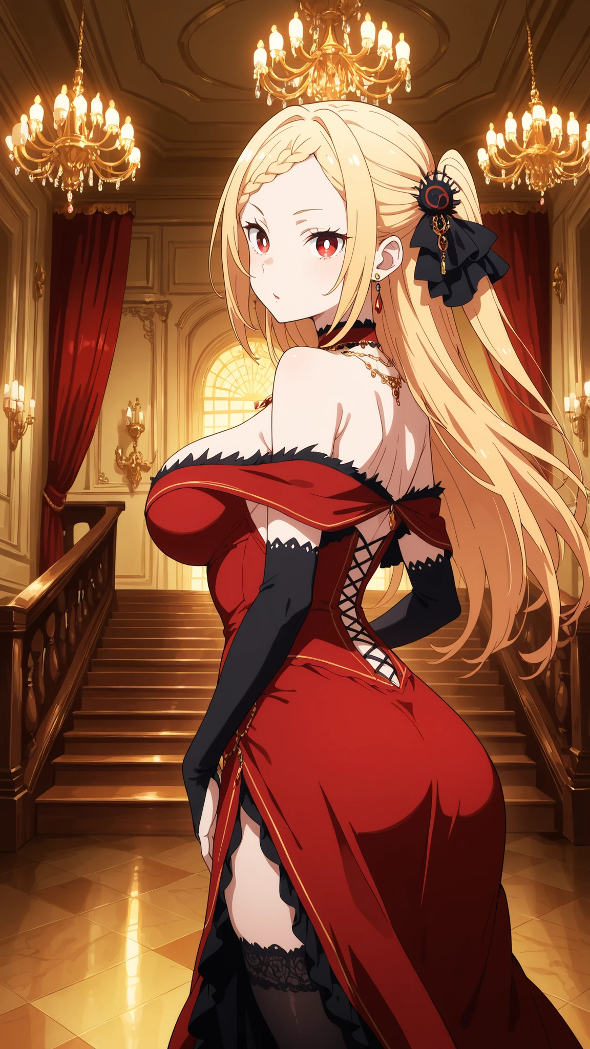 BREAK (masterpiece:1.2), best quality, high resolution, unity 8k wallpaper, (illustration:0.8),luxurious victorian mansion hall, grand marble columns, ornate wooden staircase with carved railings, large crystal chandelier, heavy velvet curtains, intricate parquet floor, warm golden lighting, antique furniture, soft shadows, high detail, ultra realistic, no people,priscilla barielle, long hair, blonde hair, red eyes, braid, single braid, braided bangs, one side up, large breasts, bright pupils, white pupils,,hair ornament, gloves, dress, bare shoulders, jewelry, black thighhighs, earrings, black gloves, necklace, red dress, bridal gauntlets,playful expression,soft glow, hint of sensuality,cowboy shot, looking at viewer,from behind,photo from back