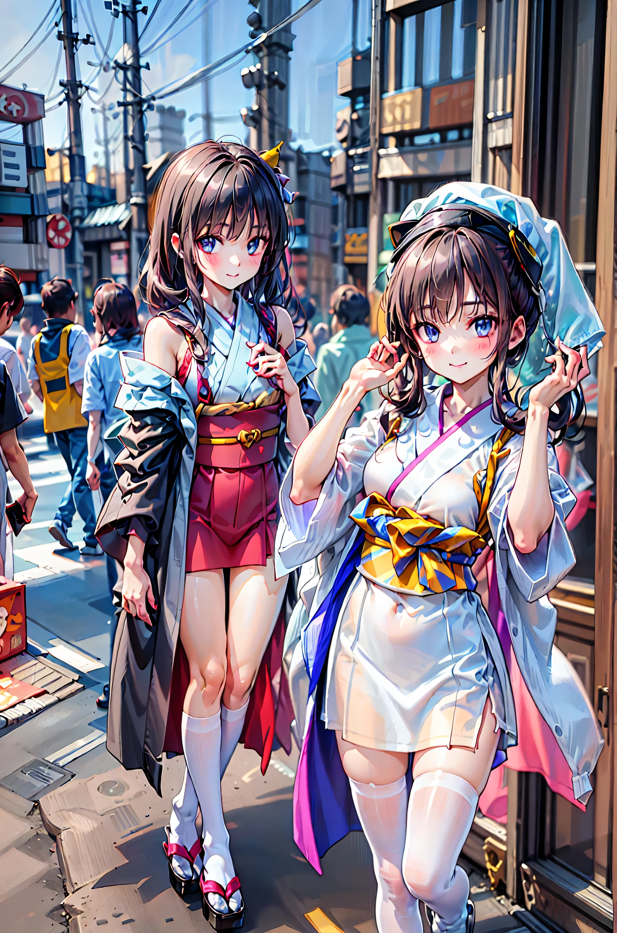 (( masterpiece)), ((Highest Quality)), ((Highest Quality)), (( very detailed)), ((8k CG wallpaper)), ((so delicate and beautiful)), ((shape)), (high resolution), , the girl on the left、(((    Tokyo    の風景:2.0)))、(((   Tokyo   tower:3.0)))，Around Town  ，  my hair，shortcut，  開口部のあるぼやけた my hair，短い編み込みの my hair， neat ，  Slender Beauty ，  correct posture， small breasts，Beautiful legs， Her enchanting gray-blue eyes sparkle like stars，  Saggy eyes  ， bright color, Beautiful Eyes,繊細なsmile,Textured Skin,  Highest Quality  ,   kind , beautiful woman ,  anime style､ー、smileでピースサイン、対照的な前 my hair，  highlight 、  fluffy、すべての my hair型、、smile、cute、  Scrivenism，    Tokyo    ，    Tokyo    のビル街，    Tokyo    タワーが見える， cityscape，茶 my hair，shortcut，ボサボサの my hair，短い編み my hair，neat，Slender Beauty，correct posture，small breasts，Beautiful legs，Her enchanting gray-blue eyes shine like stars，bright color,Beautiful Eyes,A delicate smile,Textured Skin,Highest Quality,優しくてbeautiful woman,anime style､