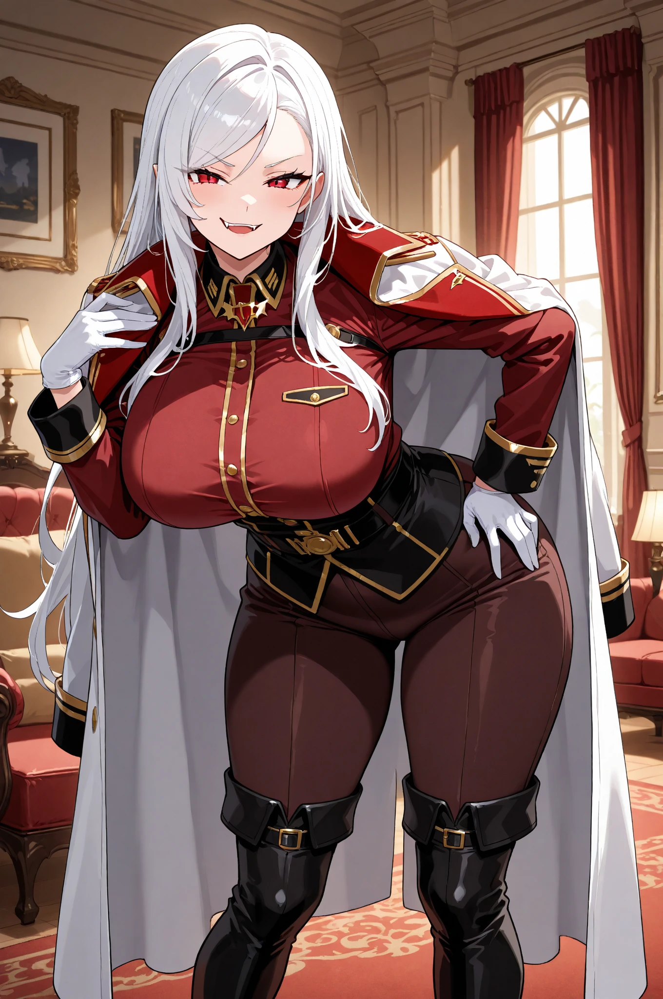 1girl, white hair, long hair, red eyes, serious, glowing eyes, large breasts, thick thighs, mature female, toned, leotard, black leotard, thighhighs, belt, knife, fur trim, fur, jacket, pantyhose