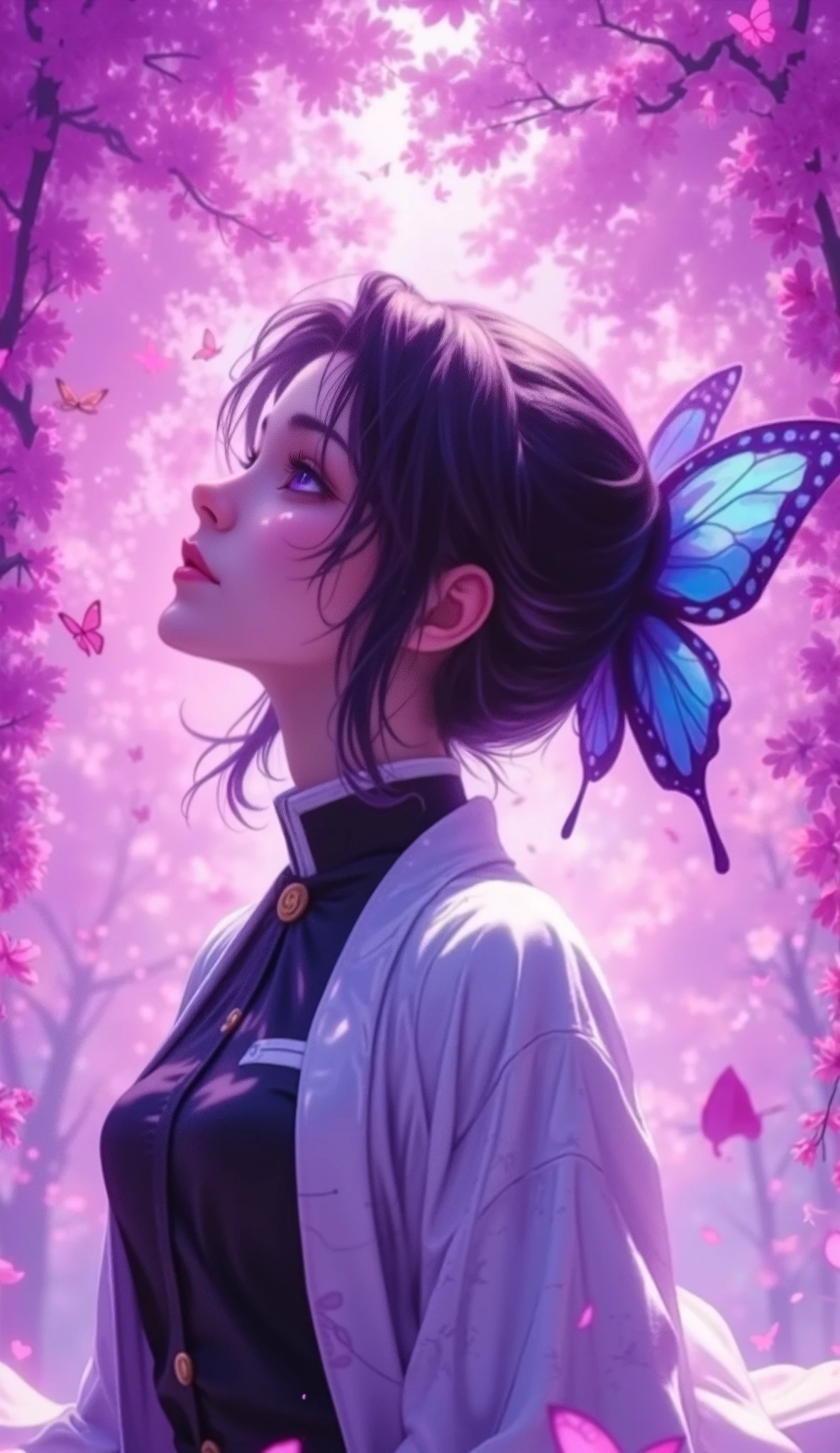 Image is a digital illustration featuring Shinobu Kochuu, an anime-style character in profile view, gazing upwards. She has fair skin and purple eyes, with dark hair tied back, adorned with a large blue butterfly accessory. The background is a vibrant display of pink and purple hues, resembling a cascade of cherry blossoms, with glowing butterflies scattered throughout. Shinobu wears a white haori over a black outfit, highlighted by soft, ambient lighting. Her eyes seem to hold a mysterious intensity, as if lost in thought.
