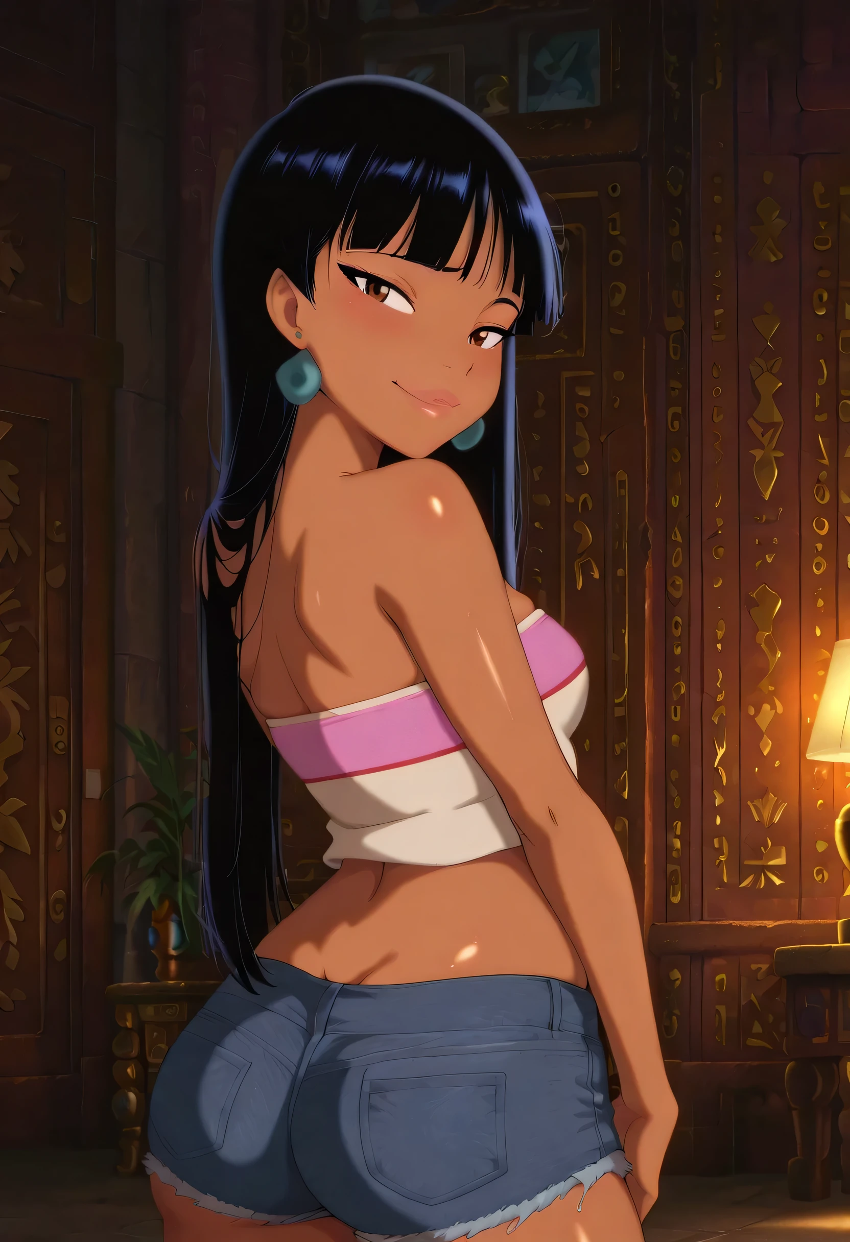 score_9 , score_8_up , score_7_source_anime detailed eyes,anime eyes,high detail eyes,multicolored iris,detailed iris,anime style, 4k masterpiece, best quality, girl, beautiful face, clean skin, shiny hair, shiny skin, beautiful face, perfect eyes, 4k high quality eyes, high quality brightness, best quality, 4k very aesthetic, absurd, perfect body quality, beautiful curves, perfect, perfect genitals, beautiful ambient light, beautiful aesthetics, very realistic scenery, 4k high quality, masterpiece, best quality, absurd, latest, high resolution, official art, best quality, absurd, latest, high resolution, official art, screenshot, anime screenshot, anime coloring, 1girl masterpiece, the best quality, Alone , curvilinear, beautiful eyes, ZzChel , brown eyes, cabello , long hair, piel oscura, , bare shoulders, jeweler's, earrings, piel oscura, dark-skinned woman, strapless, naked breasts, midriff , dynamic pose with arms at your sides and hands at your hips, cowboy shot , sensual, looking at the spectator with a smile and sensual lips, Matte skin, standing full body, barefoot, with legs half open, showing her back and huge ass , thick thighs , wearing super tight denim shorts tucked into the cheeks of the butt