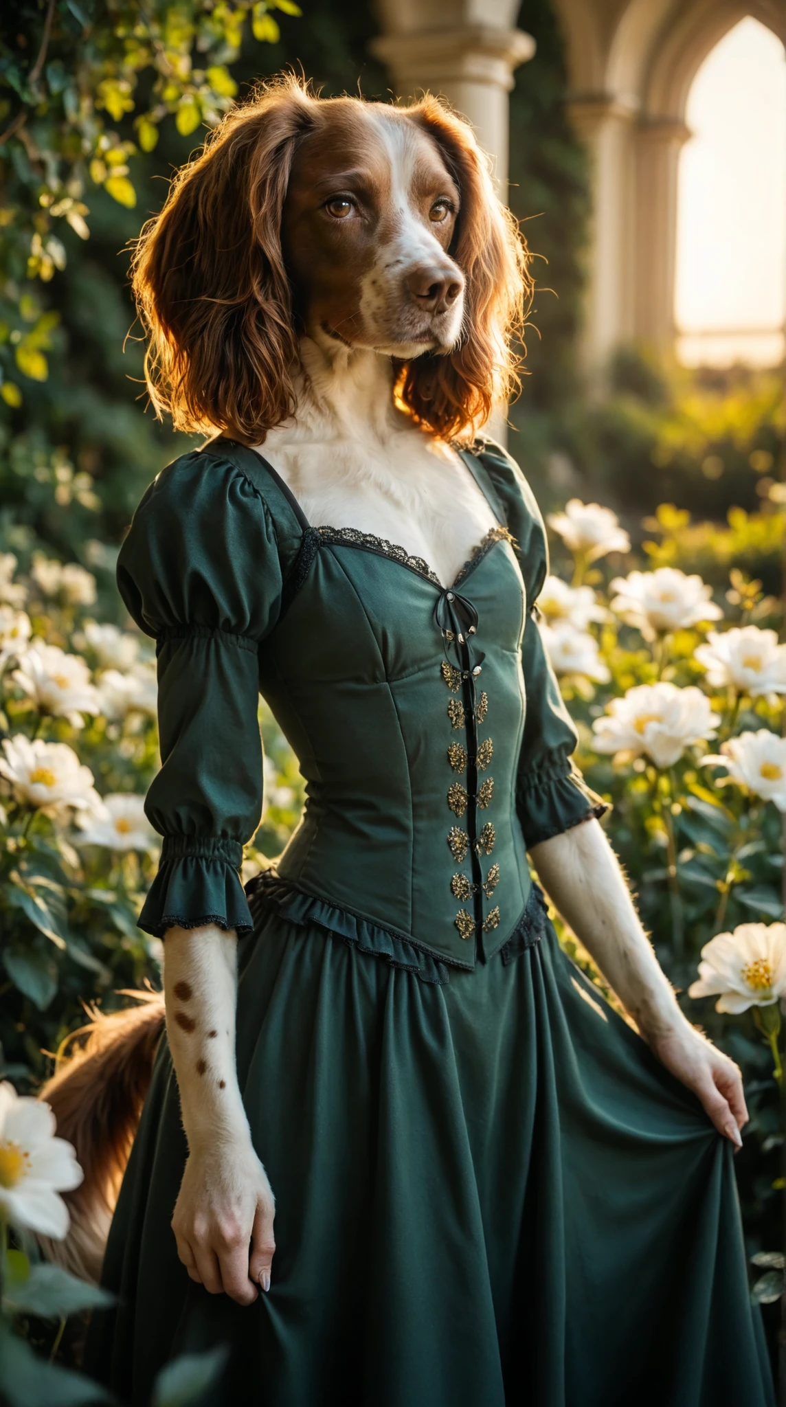 smiling (anthro springer spaniel) standing in a dark green dress. Set against an Victorian backdrop that is covered in flowers. springer_spaniel, looking at viewer, head tilt, thick tail, (brown fur), tall and curvy, paws, flat chest, sunset, warm lighting, dynamic angle, dramatic lighting, rim light, closeup