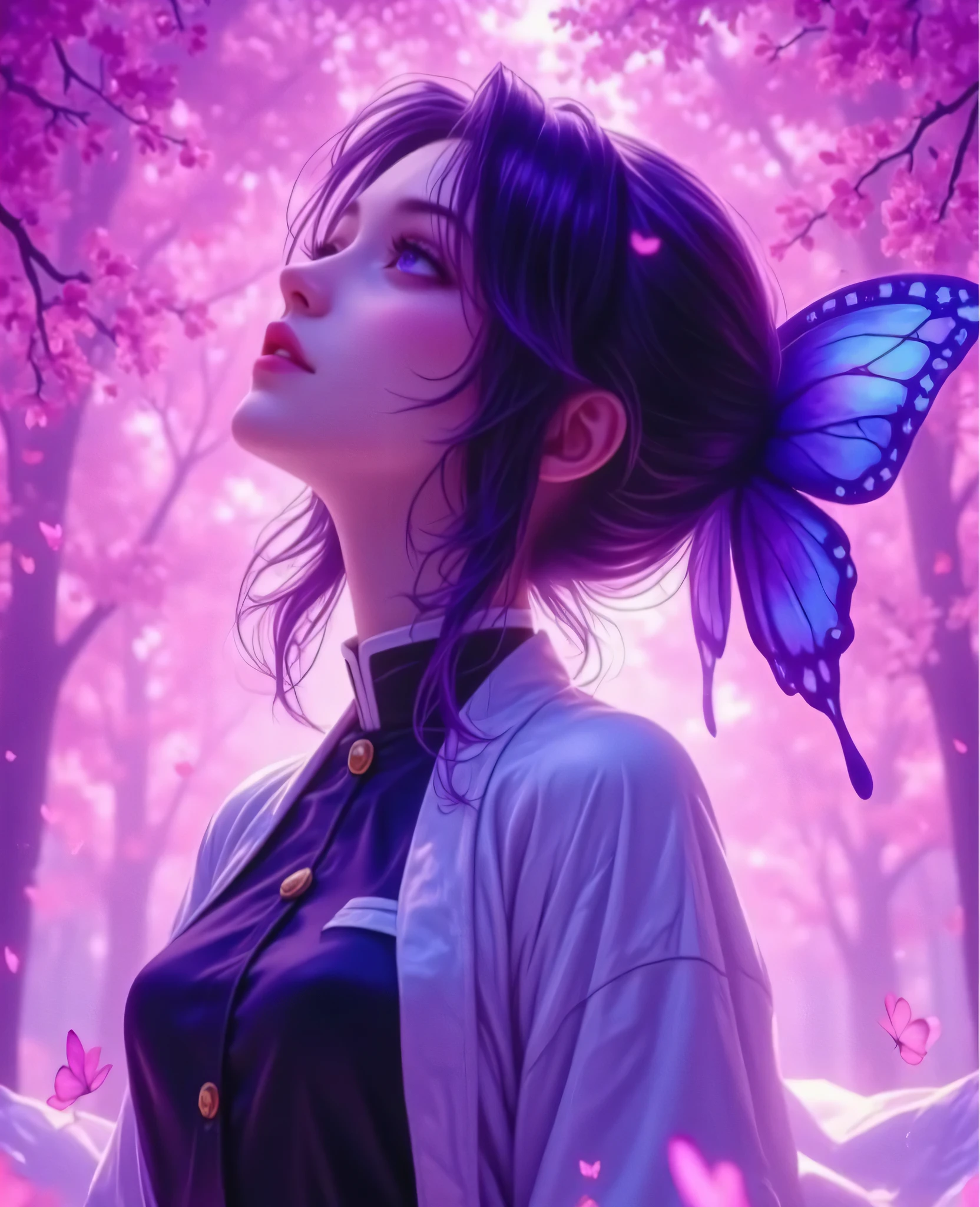 hyper-realistic cosplay,purple eyes,Image is a digital illustration featuring Shinobu Kochuu, an anime-style character in profile view, gazing upwards. She has fair skin and purple eyes, with dark hair tied back, adorned with a large blue butterfly accessory. The background is a vibrant display of pink and purple hues, resembling a cascade of cherry blossoms, with glowing butterflies scattered throughout. Shinobu wears a white haori over a black outfit, highlighted by soft, ambient lighting. Her eyes seem to hold a mysterious intensity, as if lost in thought.