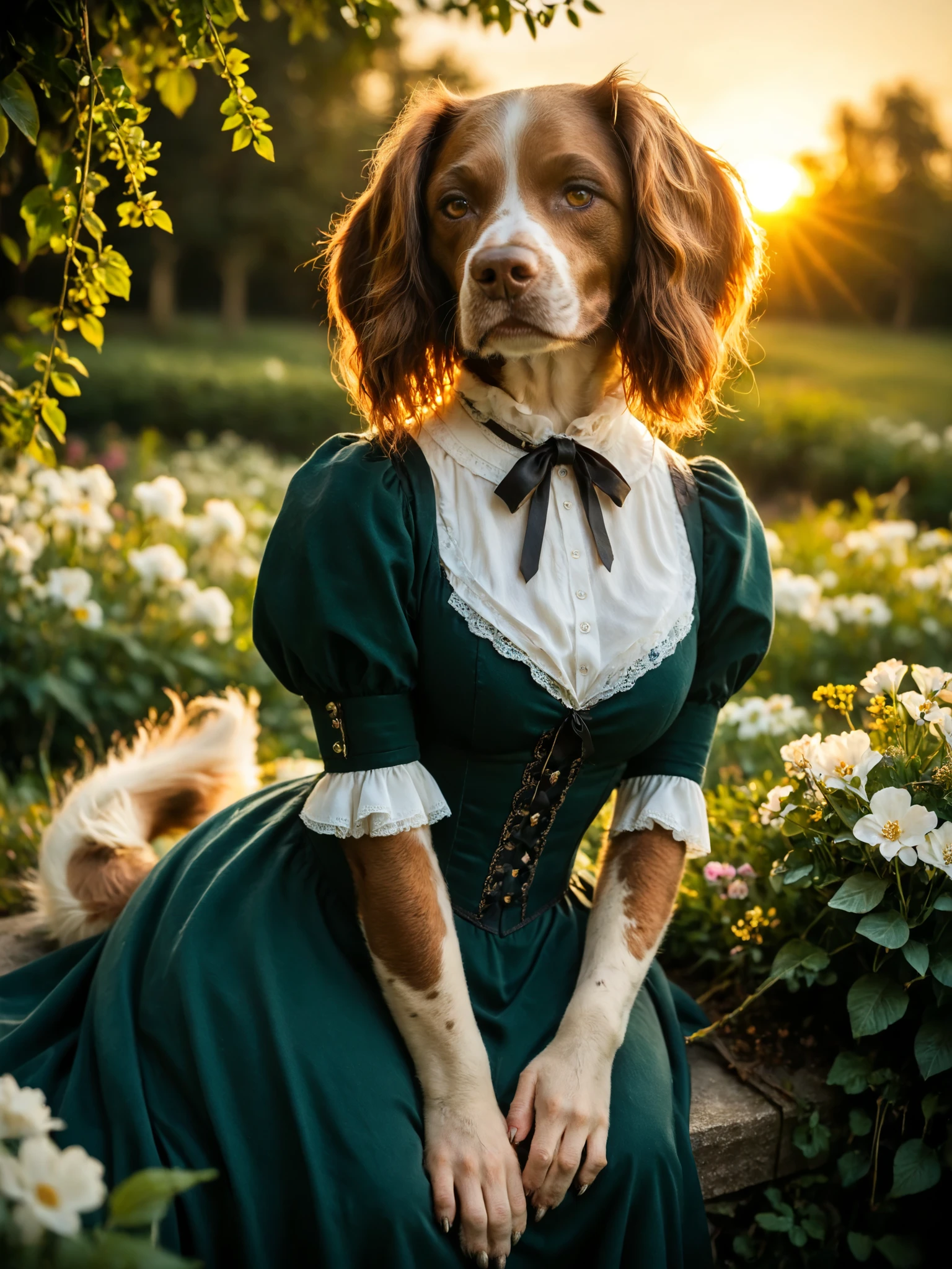 smiling (springer spaniel dog) sitting in a dark green dress. Set against an Victorian backdrop that is covered in flowers. springer_spaniel, looking at viewer, head tilt, thick tail, (brown fur), tall, paws, sunset, warm lighting, dynamic angle, dramatic lighting, rim light, closeup