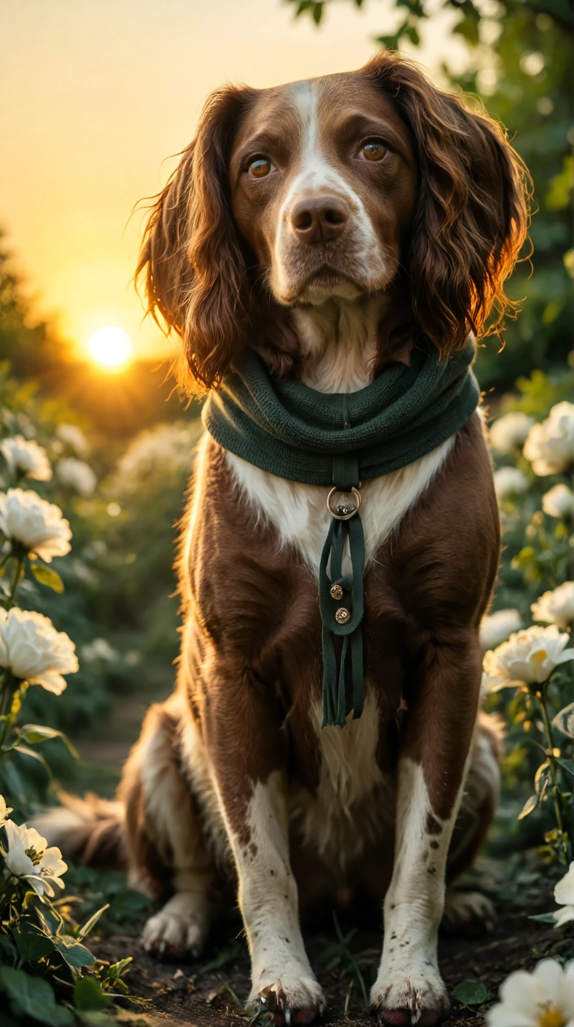 smiling (springer spaniel dog) sitting in a dark green scarf. Set against an Victorian backdrop that is covered in flowers. springer_spaniel, dog, looking at viewer, head tilt, thick tail, (brown fur), tall, paws, sunset, warm lighting, dynamic angle, dramatic lighting, rim light, closeup
