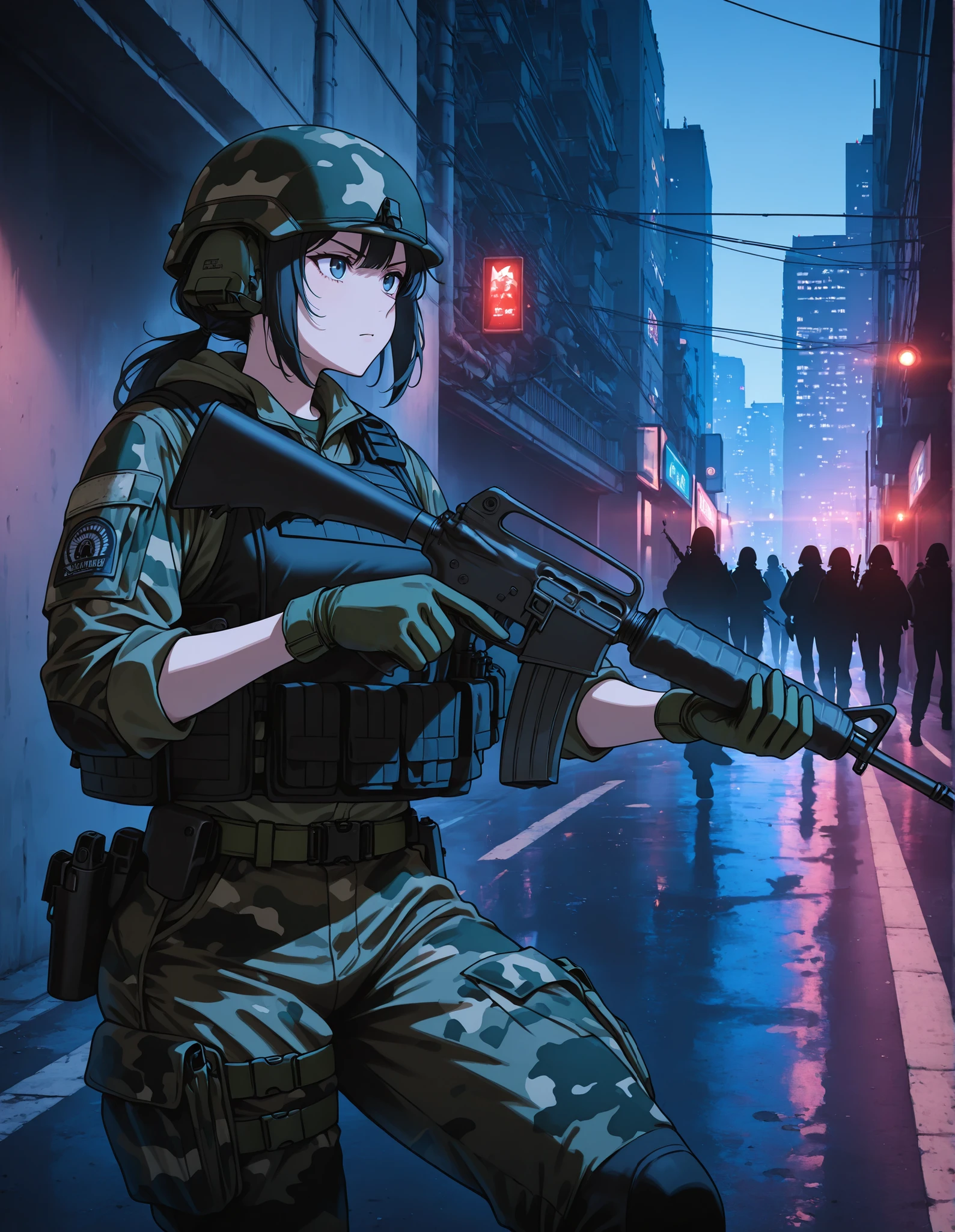 A female soldier with black hair, dressed in urban camouflage gear and wearing a tactical vest and helmet, aims an M16A2 rifle down a city street. The background features tall buildings and an urban setting. The soldier is wearing green gloves and appears focused, with the gun aimed straight ahead in a combat-ready stance. The lighting is natural, with shadows falling on the street. The atmosphere is intense and action-oriented, suggesting a military or tactical operation in an urban environment. holding m16, ideal composition, ideal hands