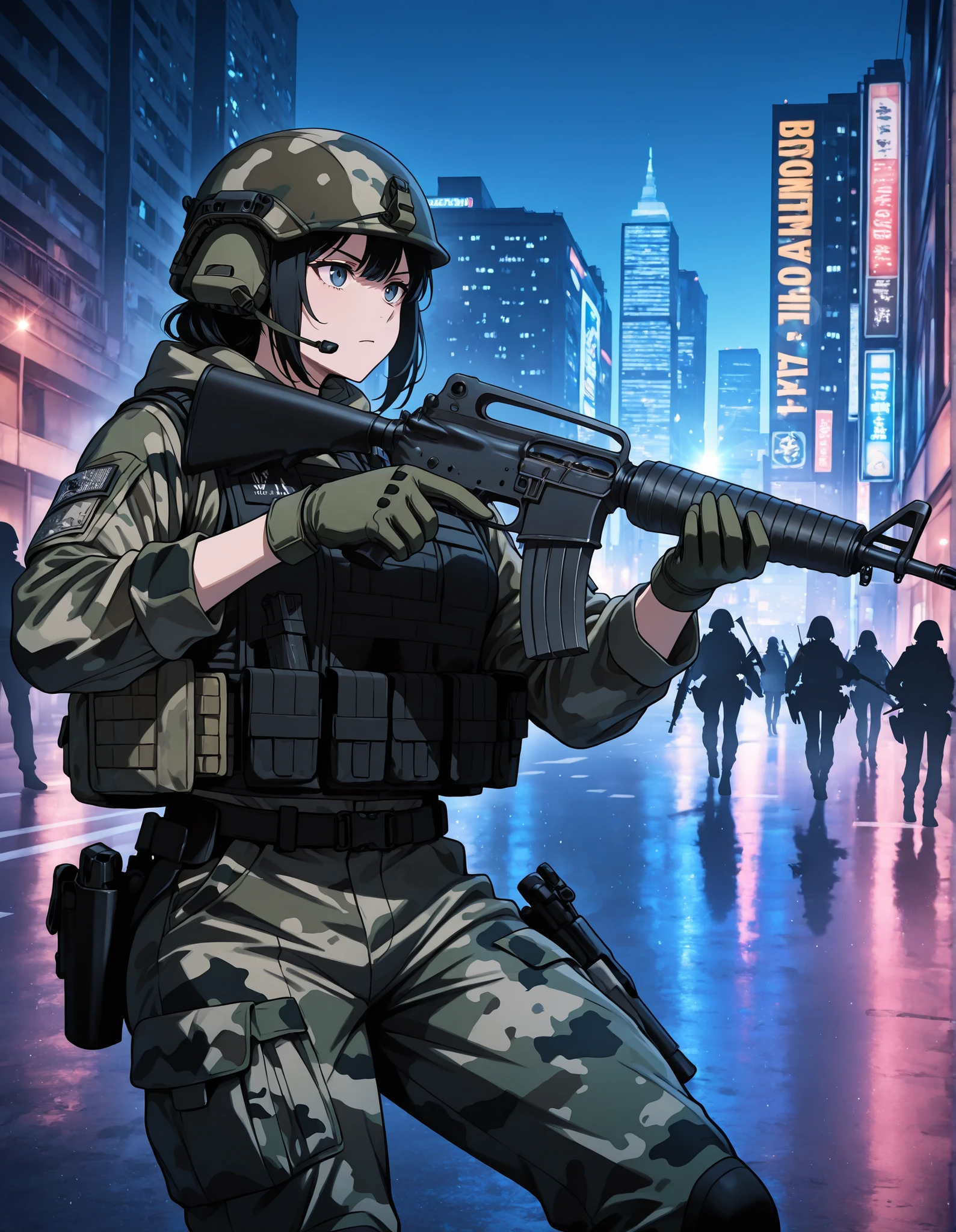A female soldier with black hair, dressed in urban camouflage gear and wearing a tactical vest and helmet, aims an M16A2 rifle down a city street. The background features tall buildings and an urban setting. The soldier is wearing green gloves and appears focused, with the gun aimed straight ahead in a combat-ready stance. The lighting is natural, with shadows falling on the street. The atmosphere is intense and action-oriented, suggesting a military or tactical operation in an urban environment. holding m16, ideal composition, ideal hands, nighttime, lens flare