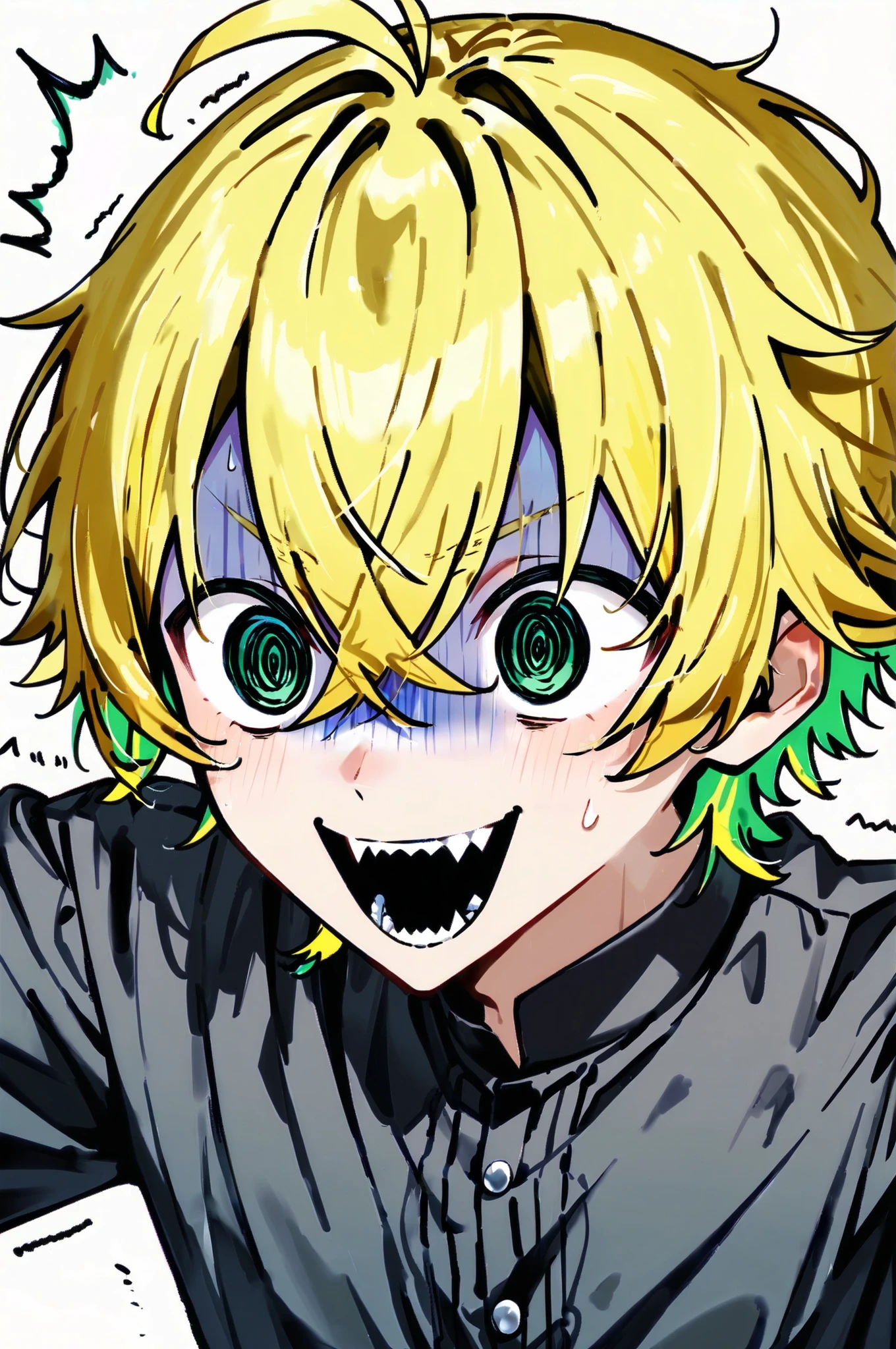 ((solo)), ((one boy)), short hair, blonde hair, green inner hair, green eyes, hollow eyes, (@_@), black shirt, collard shirt, ahoge, ((hairs between eyes, crossed bangs:1.3)), sharp tooth, white background, open mouth, ((surprised)), ((smile)), ((panicking:1.3)), upper body , ((V-shaped eyebrows)), turn pale
