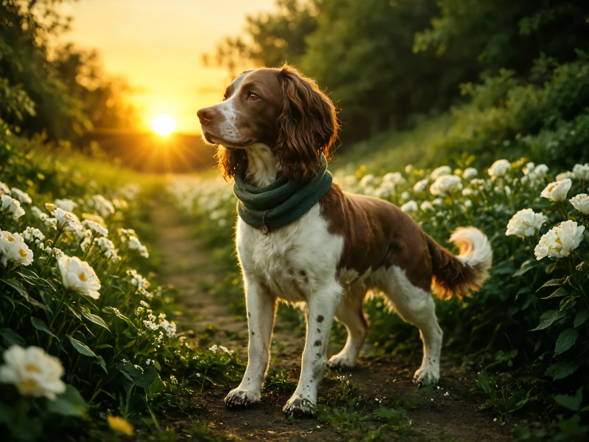 smiling (springer spaniel dog) sitting in a dark green scarf. Set against an Victorian backdrop that is covered in flowers. springer_spaniel, dog, thick tail, (brown fur), tall, paws, sunset, warm lighting, dynamic angle, dramatic lighting, rim light, closeup, hunting pose, hunting dog, side shot