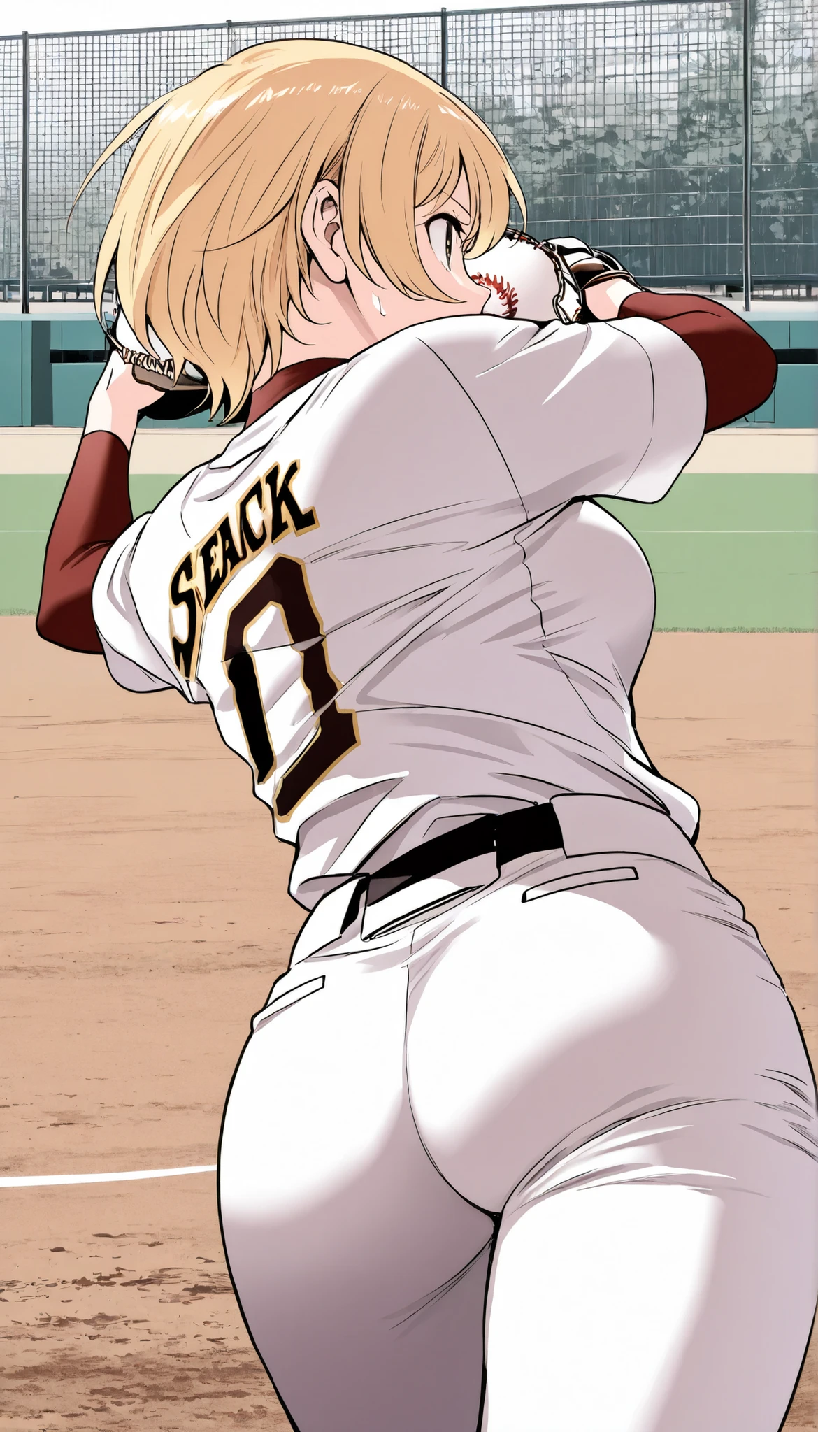 score_9, score_8_up, score_7_up , comic style,(major 2nd style:1.2),(nsfw:1.3),BREAK,1girl, michiru, solo, blonde hair, short hair, medium breast,medium hip,BREAK,baseball uniform,holding baseball grove,BREAK,standing,BREAK,play baseball,BREAK,baseball ground,cowboy shot,character close up,focus butt,back view