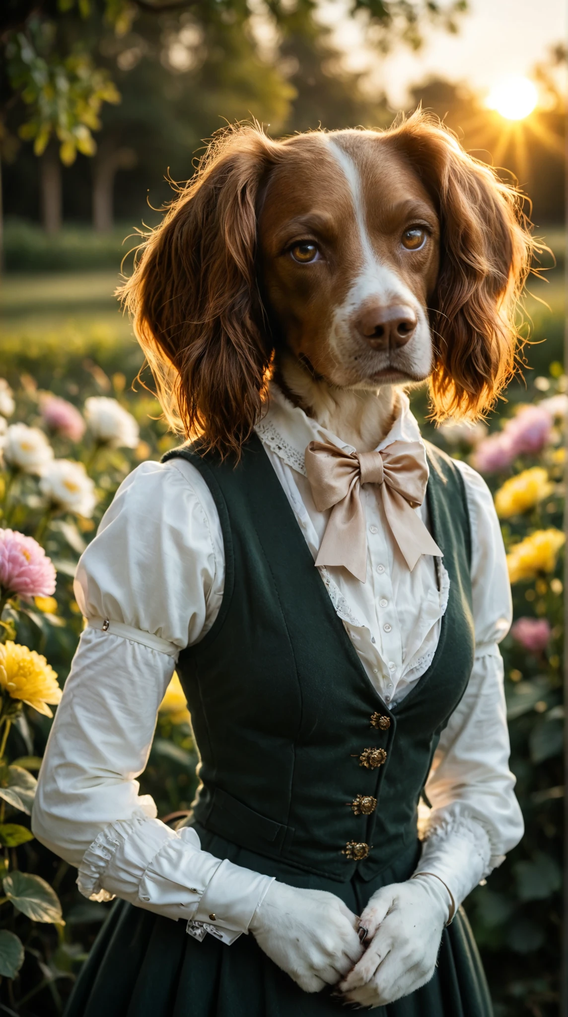 smiling (anthro springer spaniel) standing in a dark green leather hunting vest holding a (bow and arrow). Set against an Victorian backdrop that is covered in flowers. springer_spaniel, looking at viewer, head tilt, thick tail, (brown fur), armpit, paws, flat chest, tall and curvy, sunset, warm lighting, dynamic angle, hunting pose, dramatic lighting, rim light, closeup