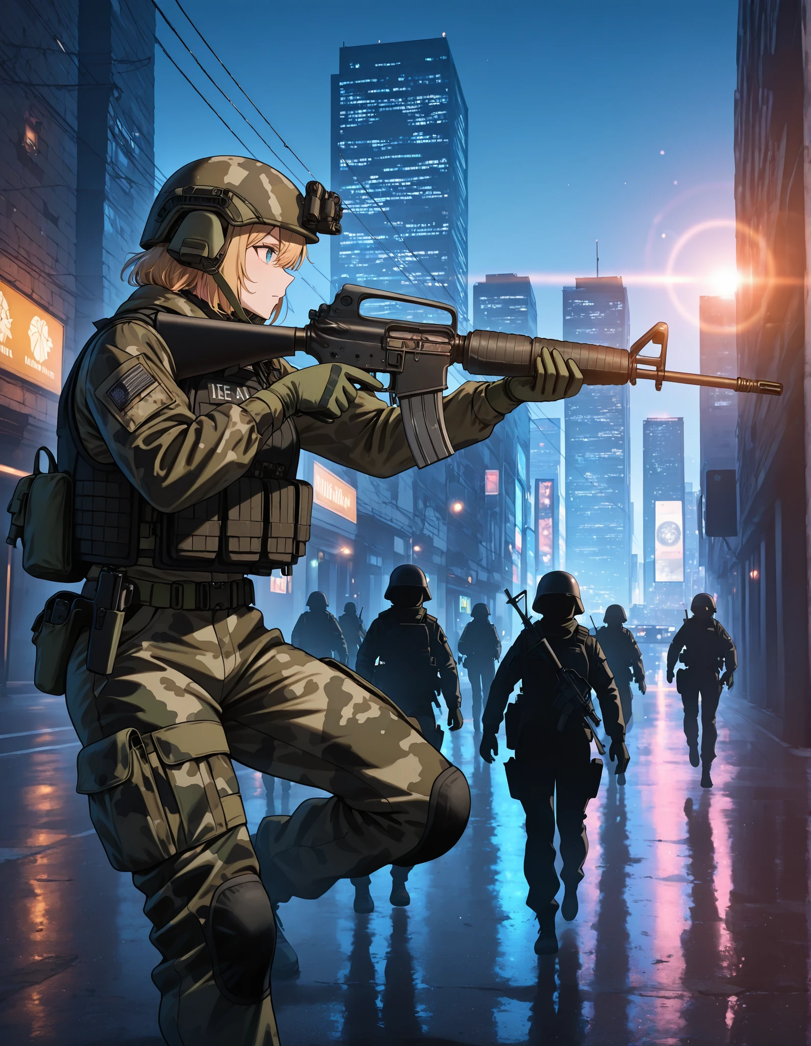 A random female soldier in urban camouflage gear with a tactical vest and helmet is aiming an M16A2 rifle down a city street. The background features tall buildings and an urban setting. The soldier is wearing green gloves and appears focused, with the gun aimed straight ahead in a combat-ready stance. The lighting is natural, with shadows falling on the street. The atmosphere is intense and action-oriented, suggesting a military or tactical operation in an urban environment. holding m16, ideal composition, ideal hands, nighttime, lens flare