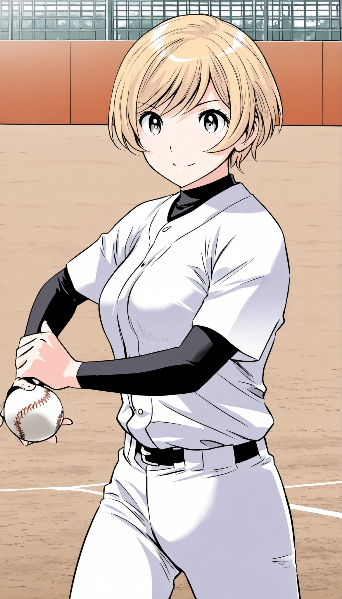 score_9, score_8_up, score_7_up , comic style,(major 2nd style:1.2),(nsfw:1.3),BREAK,1girl, michiru, solo, blonde hair, short hair, medium breast,medium hip,BREAK,baseball uniform,holding baseball grove,BREAK,standing,BREAK,smile,BREAK,baseball ground,cowboy shot,character close up,back view