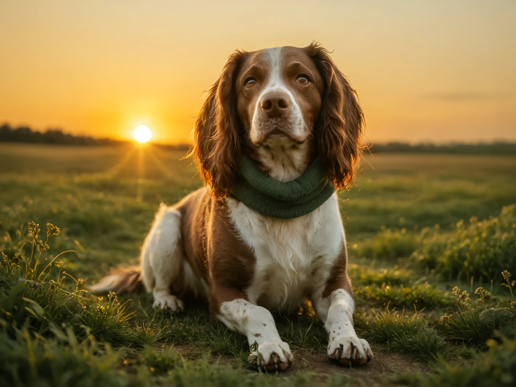 smiling (springer spaniel dog) sitting in a dark green scarf. Set against a field of grass with rolling hills in the background. springer_spaniel, dog, looking at viewer, head tilt, thick tail, (brown fur), tall, paws, sunset, warm lighting, dynamic angle, dramatic lighting, rim light, closeup, hunting pose, hunting dog