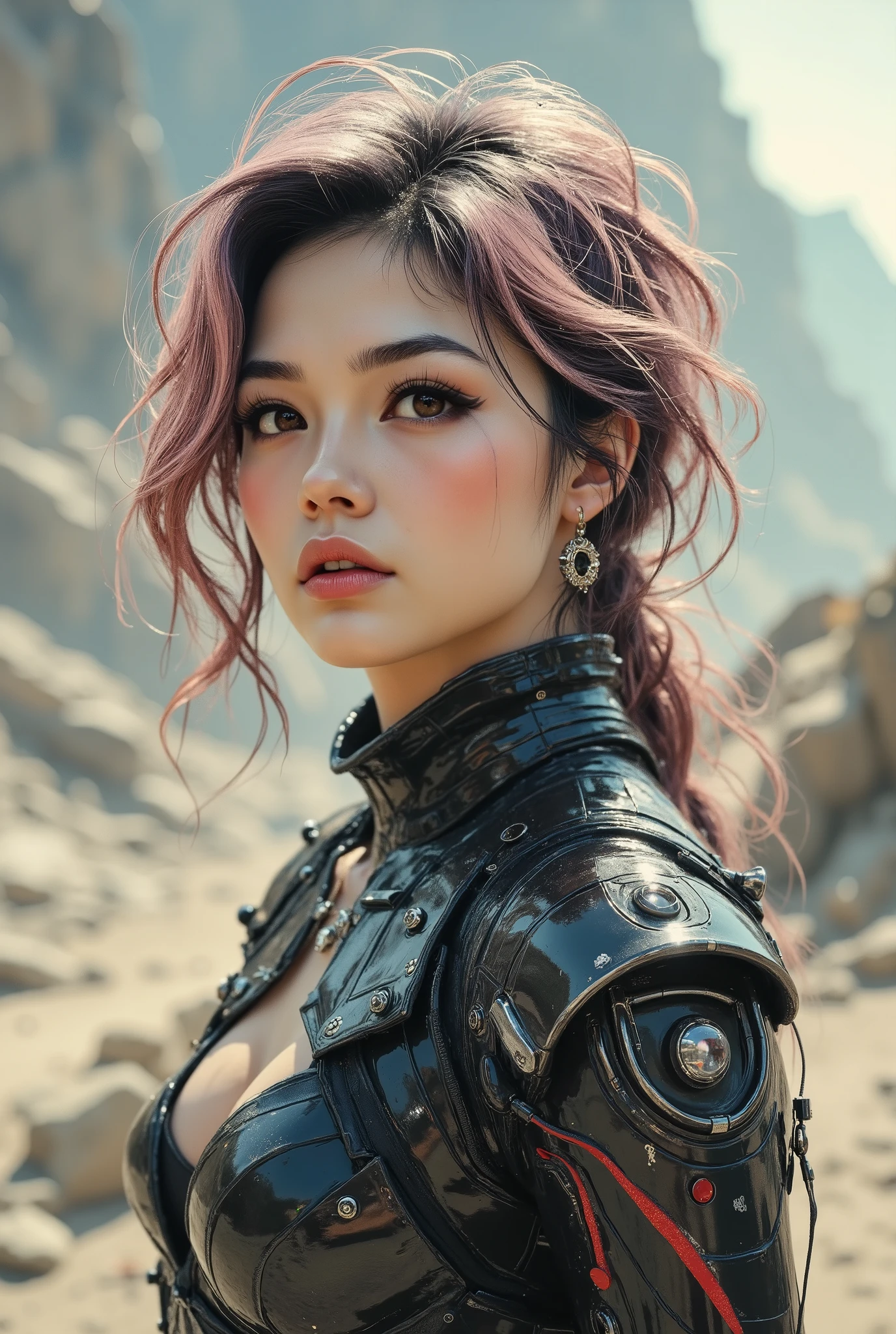 Masterpiece, top quality, source photorealistic, super real, 8k,super detailed, extremely detailed,BRAKE 1girl ,Kiryu Mikage、long wavy hair ,Rose gold blonde hair ,black eyes, (pink lips:0.5), ,earrings,necklace,cyberpunk style,Futuristic clothing design,pose ,full body ,cyborg