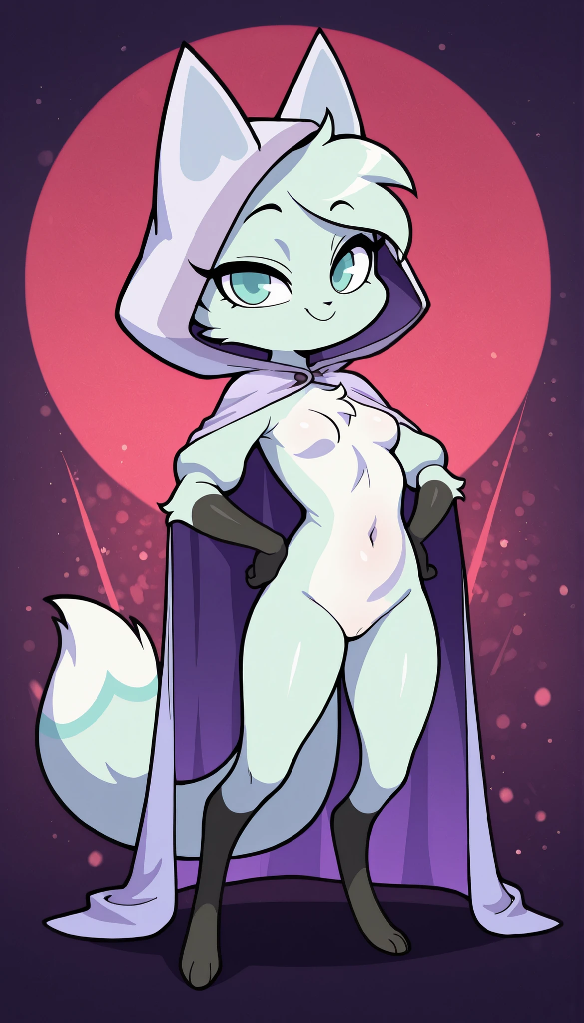 score_9, score_8_up, score_7_up, 1girl, masterpiece, best quality, amazing quality, very aesthetic, absurdres, source furry, slushi, female, solo, looking at viewer, full body, cute, masterpiece, best quality, amazing quality, confident, smile, sassy face, hands on hips, ((lilac cape and hood, hood up)), cute, masterpiece, best quality, amazing quality, navel, small breasts, no niples, detailed body fur, sexy, short body, big head, abstract background, frontal pose, nude, no pussy, dnd, epic portrait, anime style,