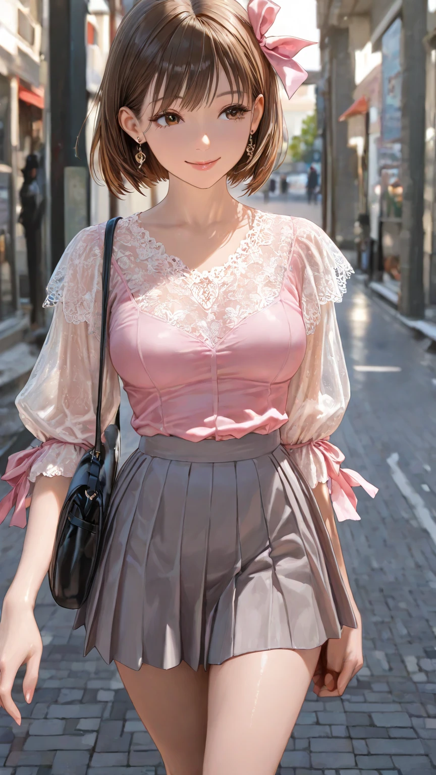(Top Quality, 8k, 32k, Masterpiece, UHD: 1.2), 1 Girl, Beautiful Japan Woman, Thin Waist, High School, Standing (Girly Fashion), (Pastel Colors, Ruffled Clothes, Clothes with Ribbons, Floral Tulle Skirt, Blouse with Lace, Frilly Socks, Loafer Pumps), Cinematic Light, (Bite Pose: 1.2), (Smile at Whoever You Like)、