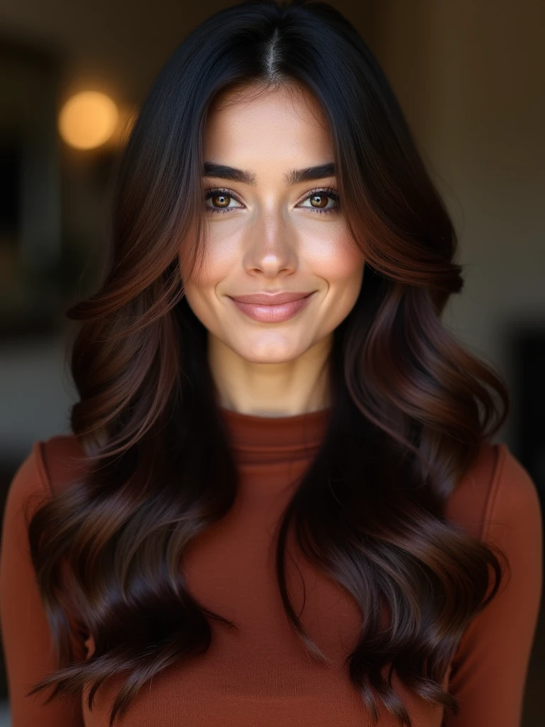 Brown woman, big hair, long hair, curly hair, naturalist, smile, elegant dress