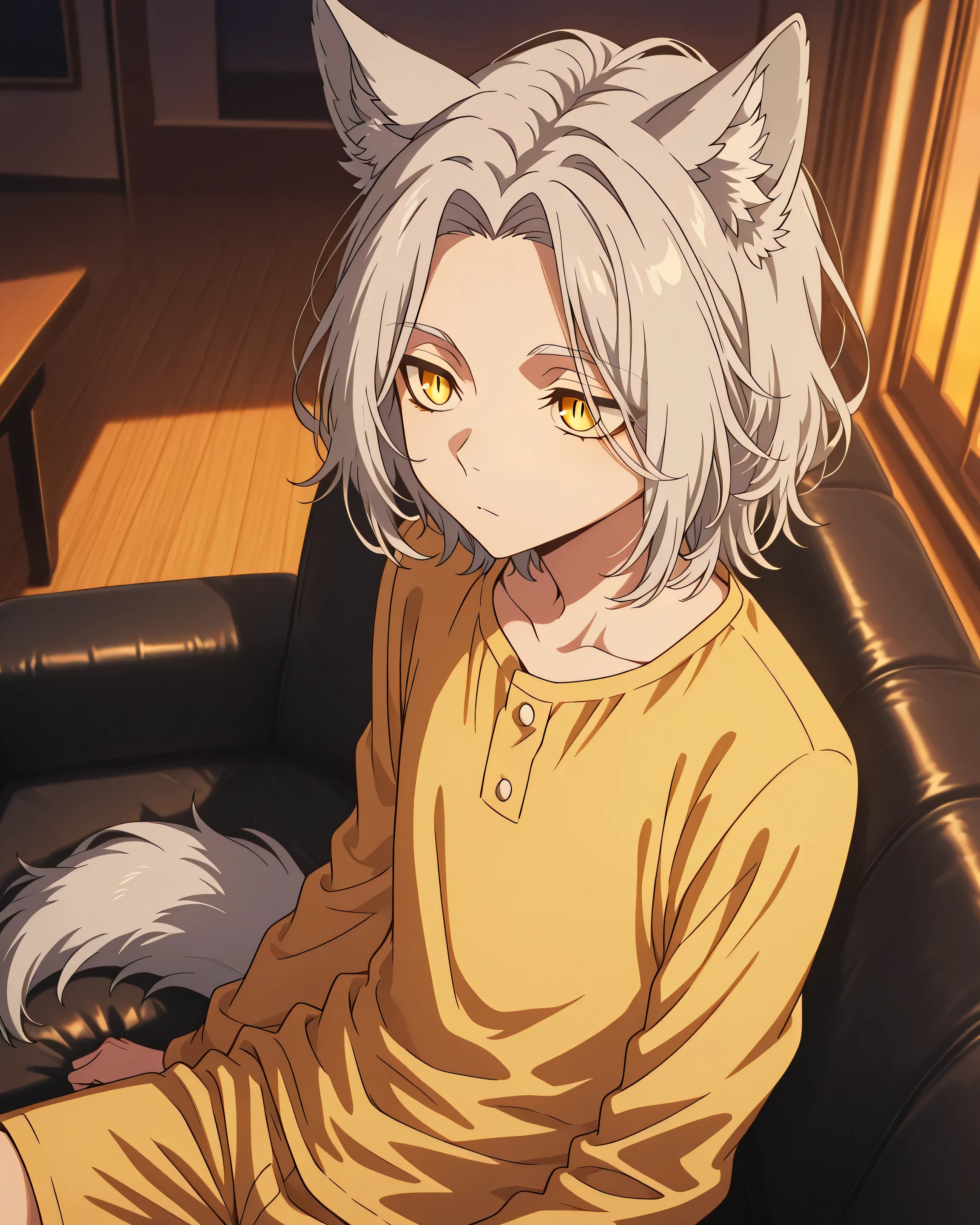 Boy, wolf hybrid, wolf tail, wolf ears, medium hair, parted bangs, silver hair, yellow eyes, vertical pupils, skinny twink, solo, detailed eyes, detailed face, detailed body, adult, detailed living room, evening, detailed eyes, detailed image, looking away, sitting, on black couch, gay, curious, yellow pajamas top, yellow pajamas shorts, side by side POV 