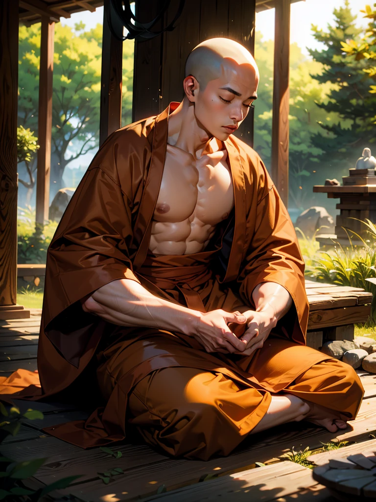 In the tranquil expanse of a landmark landscape painting, rendered in intricate black and white detail using ancient ink techniques, a monk is deeply engrossed in meditation. His serene, weathered features are delicately etched onto his face, framed by shaven head and furrowed brows. Dressed in simple, monastic attire, his robe is worn and frayed at the edges, adding to the austere ambiance of the painting. His hands, positioned neatly in his lap, are resting on a traditional meditation cushion, forming the classic mudra pose. Scenes of serene mountains, winding rivers, and tranquil forests surround the monk, the simple