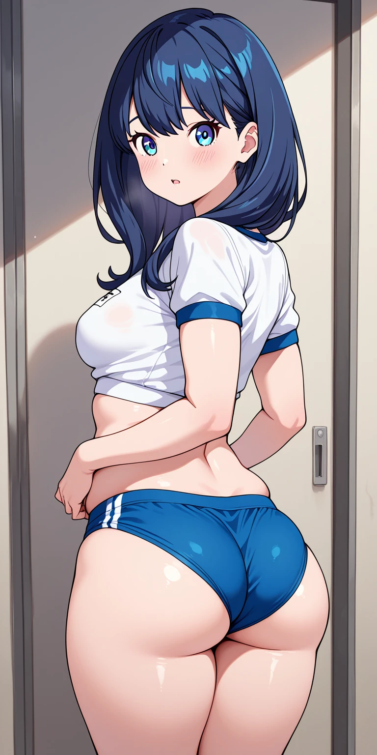 ((1 girl)), ((1 girl and 1 boy are having ???)), ?????, 1 face, standing ???????????, from behind, looking back, (girl in skinny tight navy jeans), (long jeans), (navy jeans), ((jeans ass)), slim, slender, 29 years old, teacher, (short bob cut), black hair, nose blush, full opened eyes, round mouth, drool, ??????, (white hoodie), pink ??????, ????? in pussy, ??? in pussy, (((embarrassed))), hard sweat, big ass, ahegao, detailed face, blue eyes, love hotel, hands on wall, pov, japanese, cool
