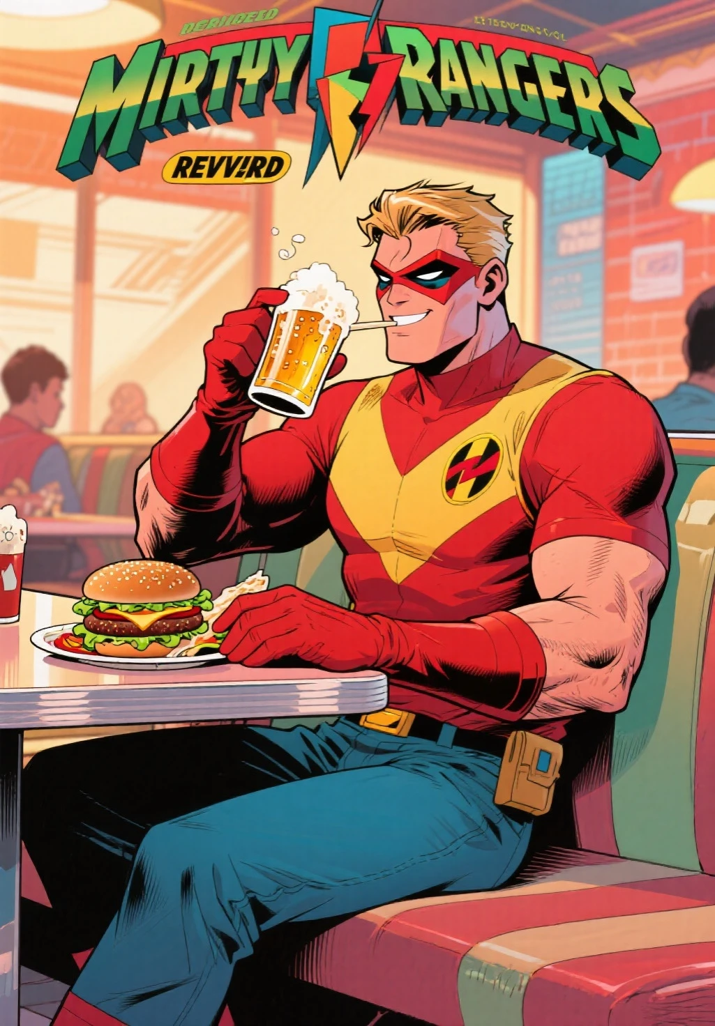 score_9, score_8_up, score_7_up, masterpiece, high quality, BREAK
 <lora:Booster GoldPonyLoRA:1>bstrgld, short hair, mask, goggles, bodysuit, high star (symbol), bracer, gloves, sitting in a restaurant holding a slice of pizza, smile
 <lora:CherryMouseStreetStylePonyLyco:1> 1boy, uncensored,  nose, lips, solo