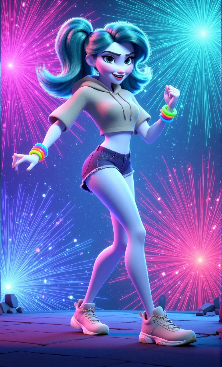 A red-haired woman in a blue bikini and denim skirt, jump 20cm blue, with the letter Y of blue fire and the number 7 of blue fire in the hands