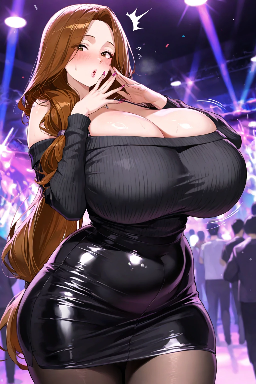 photorealistic, ultra high res, intricate, hyperdetailed, (skindentation), cute, feminine, detailed body , (detailed face:1.1), (outlined iris), (hidrocor lenses), (perfect eyes), 4k, beautiful, (masterpiece:1.2), (best quality:1.2), multiple beautiful women, wide hips, thick thighs, (large breasts:1.2) and (huge breasts:1.2) , tight dress hugging curves, slutty, seductive pose, extreme hourglass figure, stripper, in club, dancing