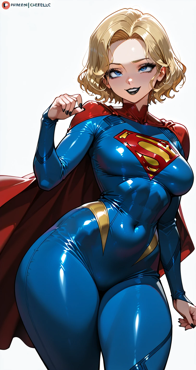 (Muscular:1.9), (thick thighs:1.9),
blonde female, (supergirl), (big smile:1.5), blunt bangs, (ponytail:0.7),
earrings, lipstick, eyeshadow,
hard nipples, large breasts,
(full body suit, blue bodysuit:1.6), (small cape:1.3),
looking at viewer, three quarter view, (upper body view:2),
(floating, in midair, sky and clouds background:1.3), rim lighting, two tone lighting, dim lighting, bokeh, detailed skin, detailed eyes