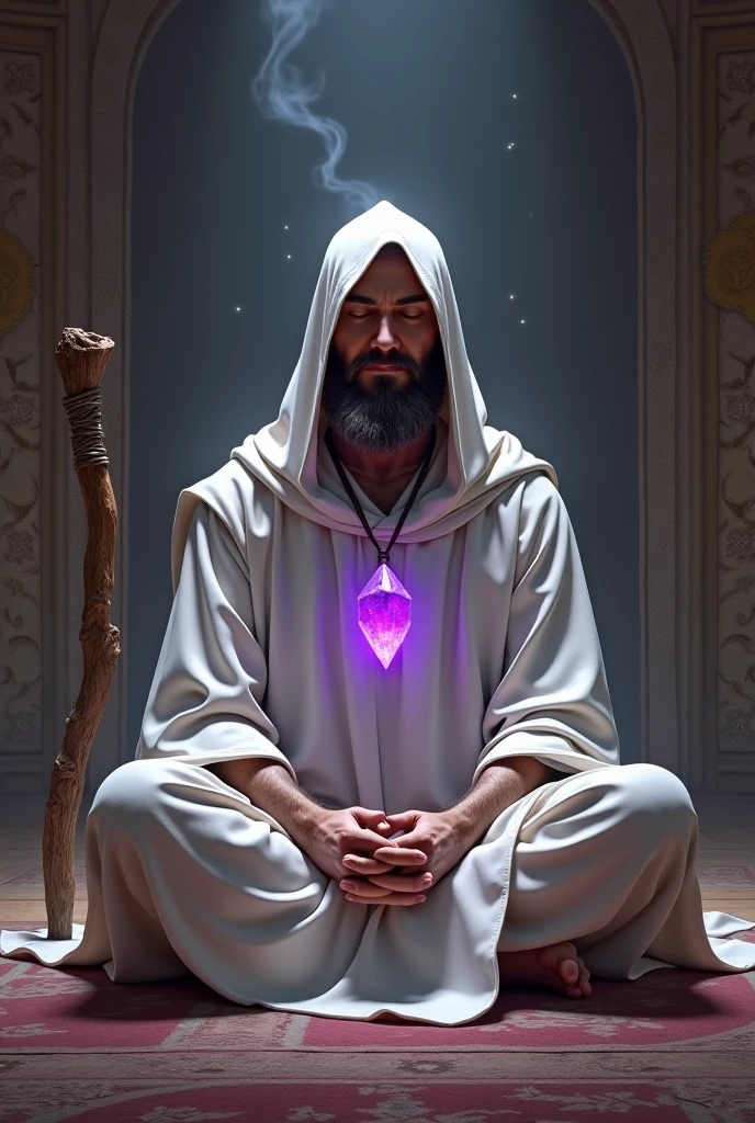 masterpiece, ultra detail, good posture, oldman long white hair wearing grey robe hoody, he cover his head with robe, very wise, colse eye, peaceful expression, soft smiling, detail micro expression, sitting meditation pose, at centre his heart shinning 4 pointed star with sinbow halo. galactic intersellar dark backgroud.