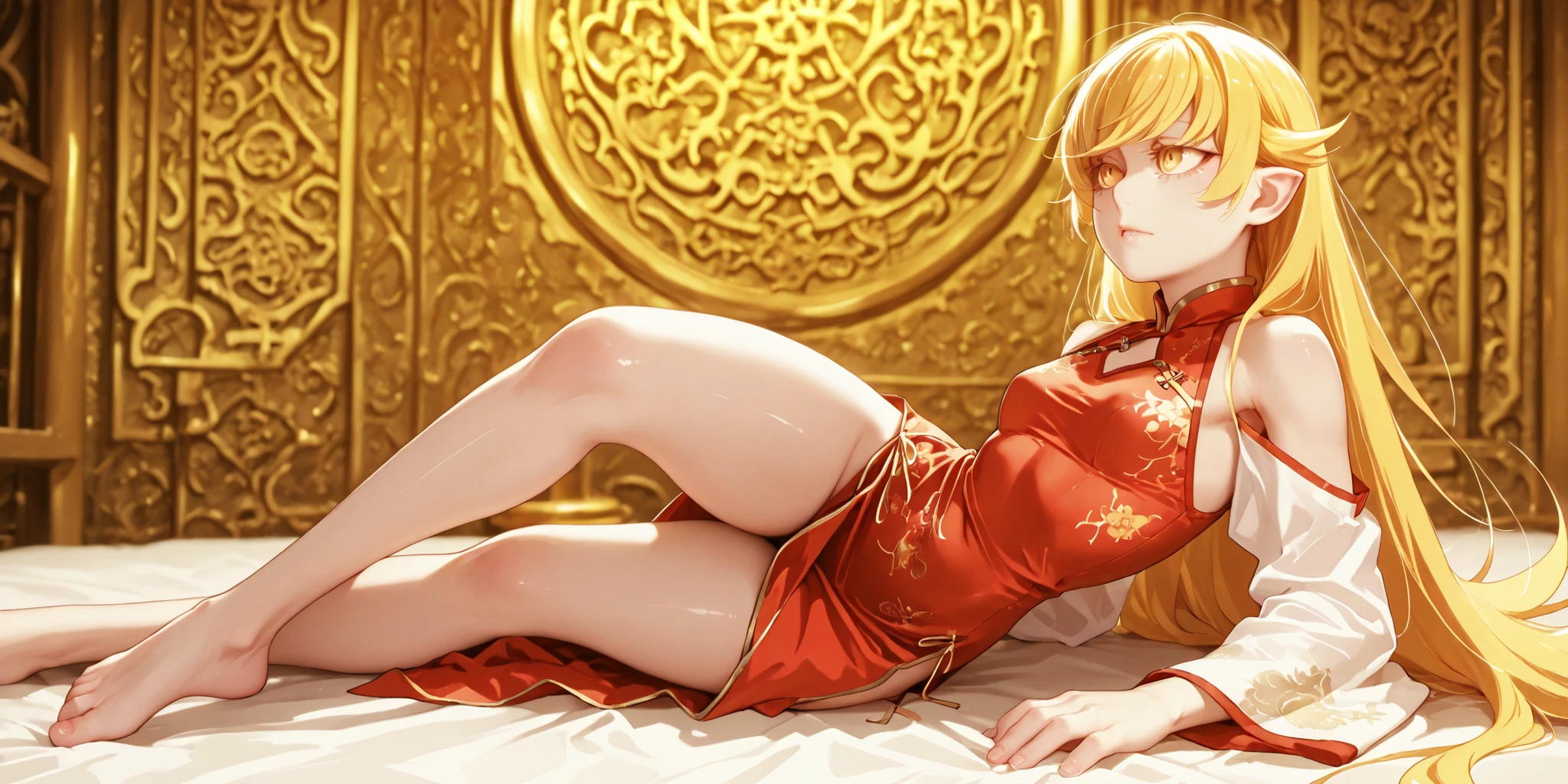 A masterpiece, of the highest quality, ultra-detailed, alone, a 6'1" girl, short, with light blonde hair, slightly messy hair, long bangs, a sadistic and confident expression, fair skin and youthful curves, a short character, the same height as Oshino Shinobu from "(8) Kizumonogatari" (but in old blonde), slightly pointed ears.
Hair styled similarly to Oshino Shinobu from "(8) Kizumonogatari" (but in old blonde), long hair almost touching her feet, a face similar to Oshino Shinobu from "(8) Kizumonogatari" (but in old blonde), small breasts, wide hips, a small waist, a wide butt, well-defined thighs. A short character, the same height as Oshino Shinobu from "(8) Kizumonogatari" (but in old blonde), slightly pointed ears.
She wears a long dress. A red Chinese dress with gold embellishments and a cyberpunk design. Long white Chinese sleeves with gold details leave her shoulders exposed, and her thighs are exposed. Sides, and she poses sexy.
Pay attention to the required colors, maximum resolution;
One image +18, One sexy image;