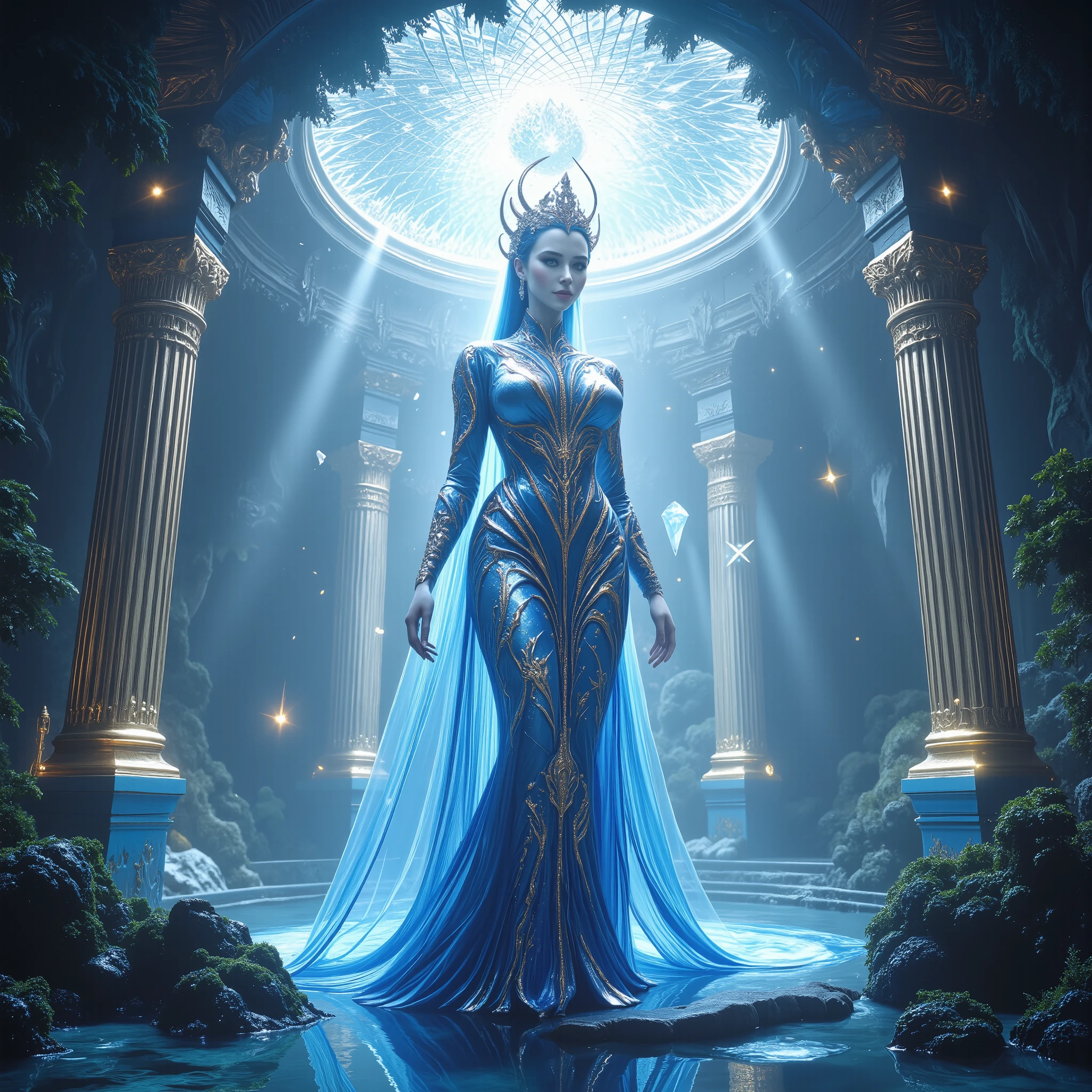 ((masterpiece)), ((award-winning fantasy photograph)), ((photorealistic:1.tremely intricate:1.3)), ((sharp focus)), ((full body)), ((realistic)), ((8K UHD)), cinematic lighting, volumetrics, DTX, octane render, Unreal Engine 5, depth of field. A breathtaking full-body portrait of the most beautiful and enchanting goddess in existence, standing gracefully and regally within her ethereal sapphire, diamond, and crystal palace nestled deep within a magical forested realm. She wears a flowing, iridescent blue dress woven with silver highlights that catch the ambient light like starlight on water. The soft shimmer of her gown mirrors the radiant blues of her gemstone sanctuary. Her divine, feminine figure is sculpted and voluptuous—her busty, chiseled frame perfectly balanced with elegance and power. She exudes celestial beauty, with an expression of timeless wisdom and tranquil allure. The soft, cool sunlight filters gently through the crystalline roof above, scattering beams of refracted light and casting a celestial glow across her radiant skin. Every surface of the palace glistens with magical energy: floating sapphire shards, glowing crystal motifs, and transparent diamond pillars create a surreal sense of sacredness. The goddess is the focal point, illuminated by ambient godrays and subtle volumetric fog, surrounded by an aura of serenity, grace, and absolute enchantment.

((Highly detailed background)), ((divine ethereal aura)), ((glistening magical atmosphere)), ((crystal forest reflections)), trending on ArtStation, ultra-high-resolution concept art, fantasy realism.

